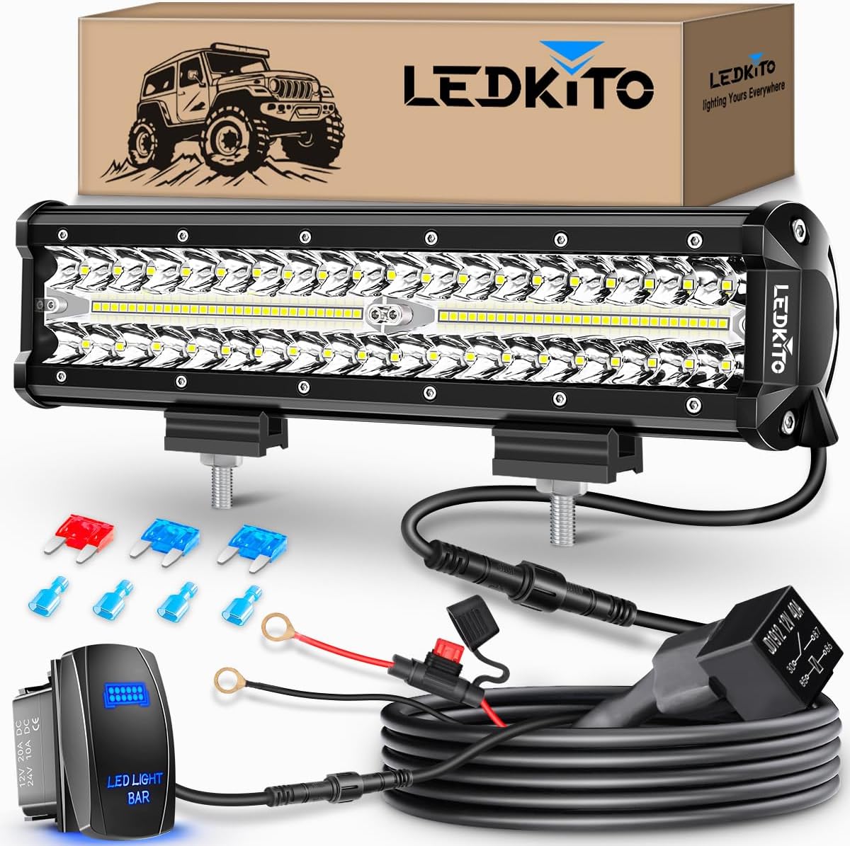 12 inch LED Light Bar Kit with 5 Pin Rocker Switch Wiring Harness Triple Row Flood Spot Combo Off Road Driving Fog Lights LED Bar Work Lights for Trucks UTV ATV Tractor Golf Cart Boat