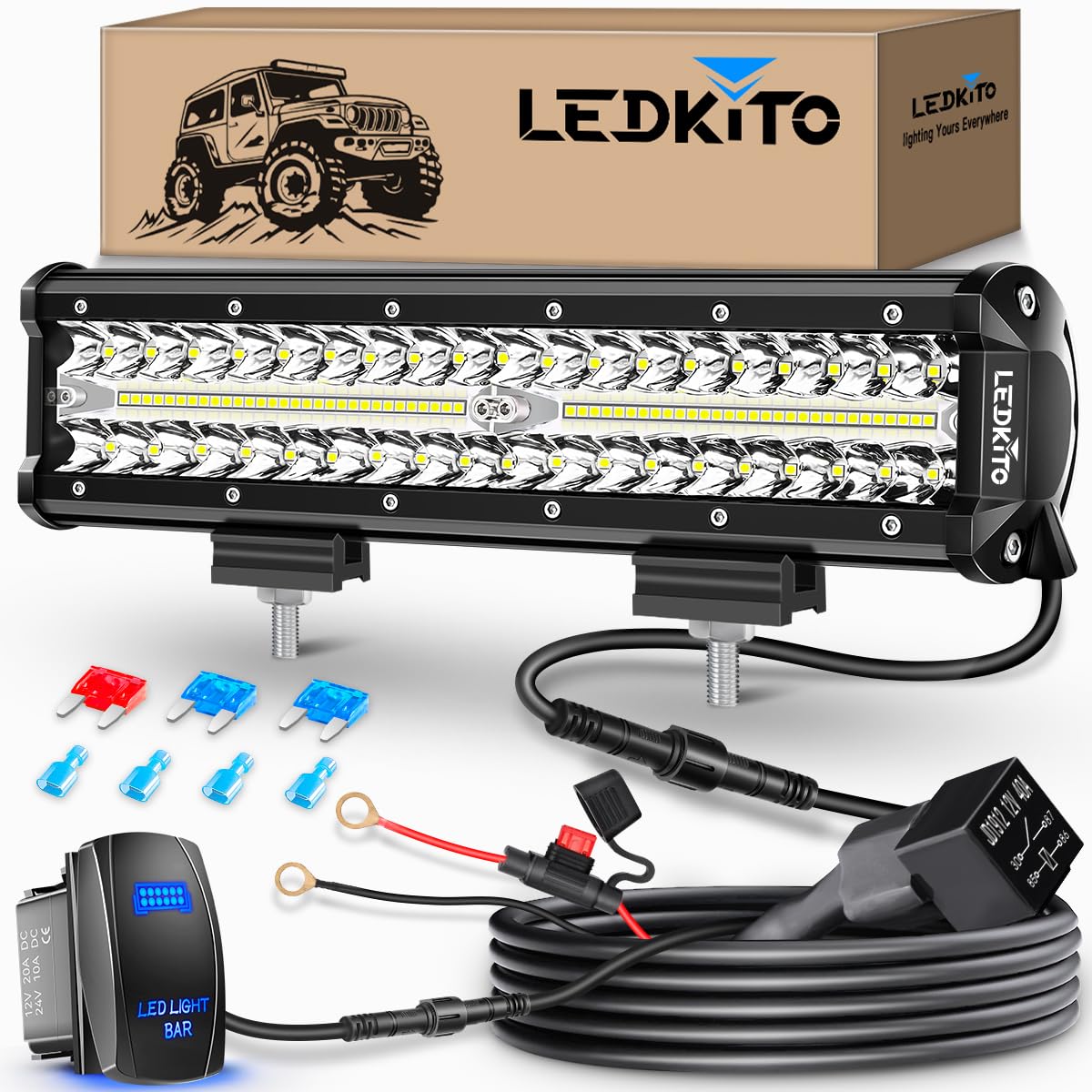 LEDKITO 12 inch LED Light Bar Kit with 5 Pin Rocker Switch Wiring Harness Triple Row Flood Spot Combo Off Road Driving Fog Lights LED Bar Work Lights for Trucks UTV ATV Tractor Golf Cart Boat
