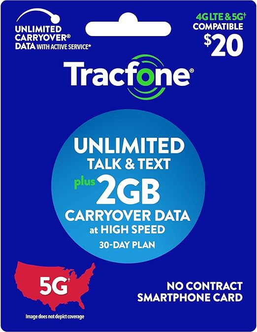 Tracfone $20 Unlimited Talk and Text, 2GB of Data / 30 Days (Smartphone Only)