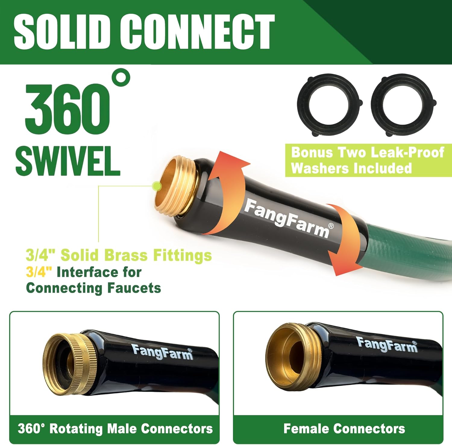 Heavy Duty Rubber Hose: 10FT 3/4" GHT Brass Male to Female Fittings - 5/8" Leak Proof Water Hose for Garden Lawn Car Washing