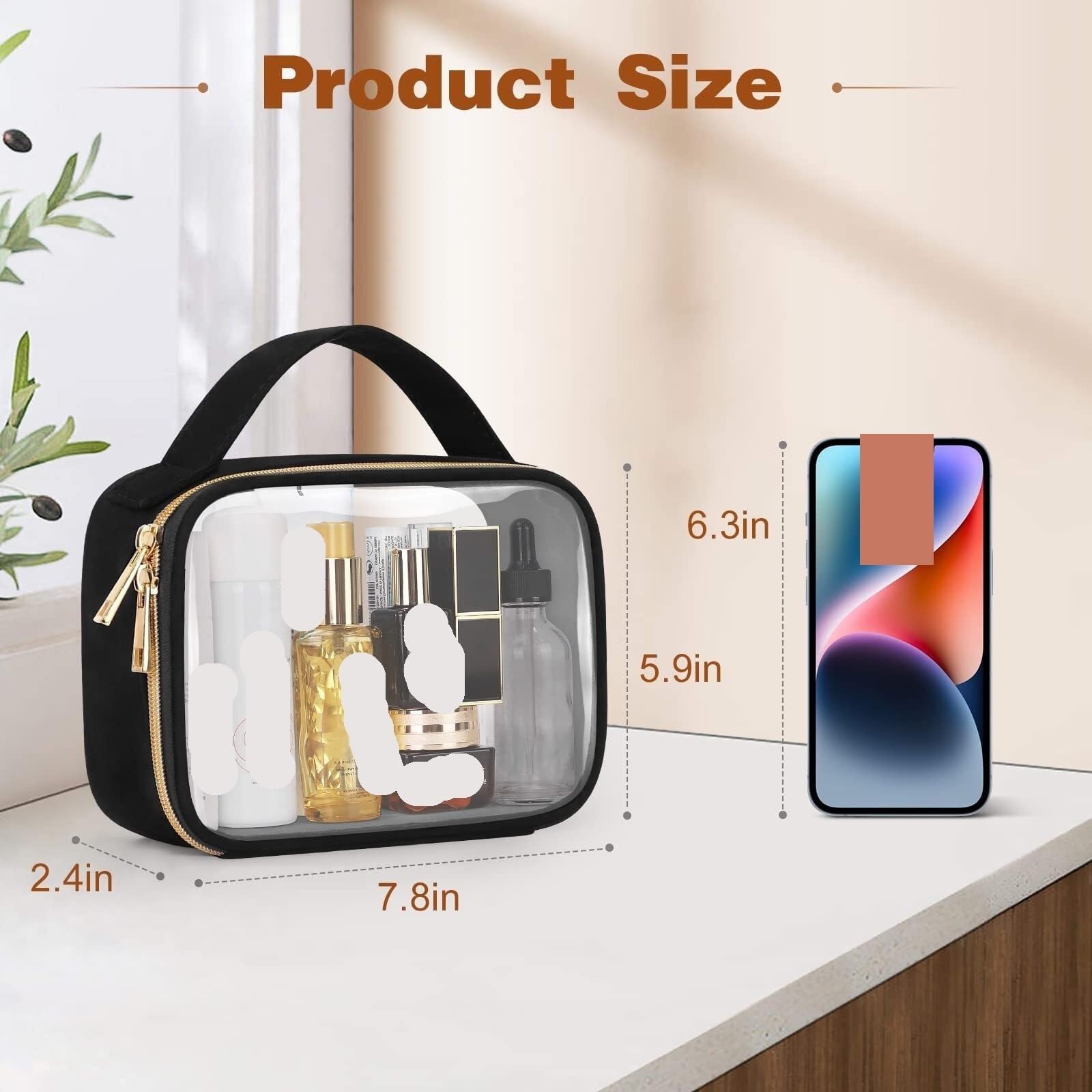 Porta Trucchi Pochette Trucchi Borsa Da Toilette Borsa Cosmetica Trasparente Con Manico Borsa Da Toilette Trasparente Trousse Trucchi Donna(Black,20cm-3)