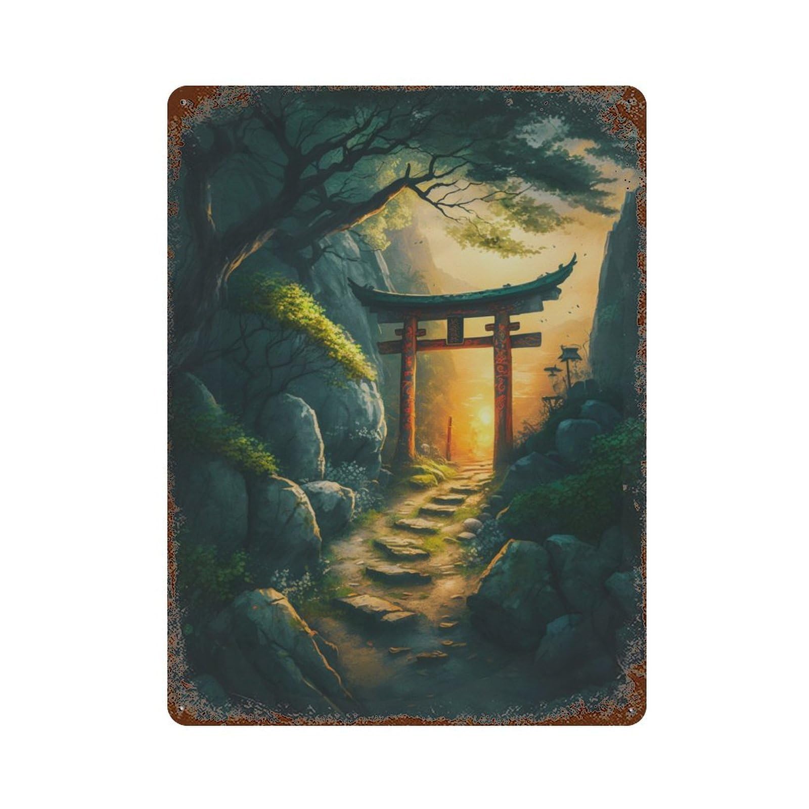 Sinset in Torii Gate Rust Effect Tin Sign 15.7"x11.8", Novelty Wall Decor for Garage, Pub Or Kitchen