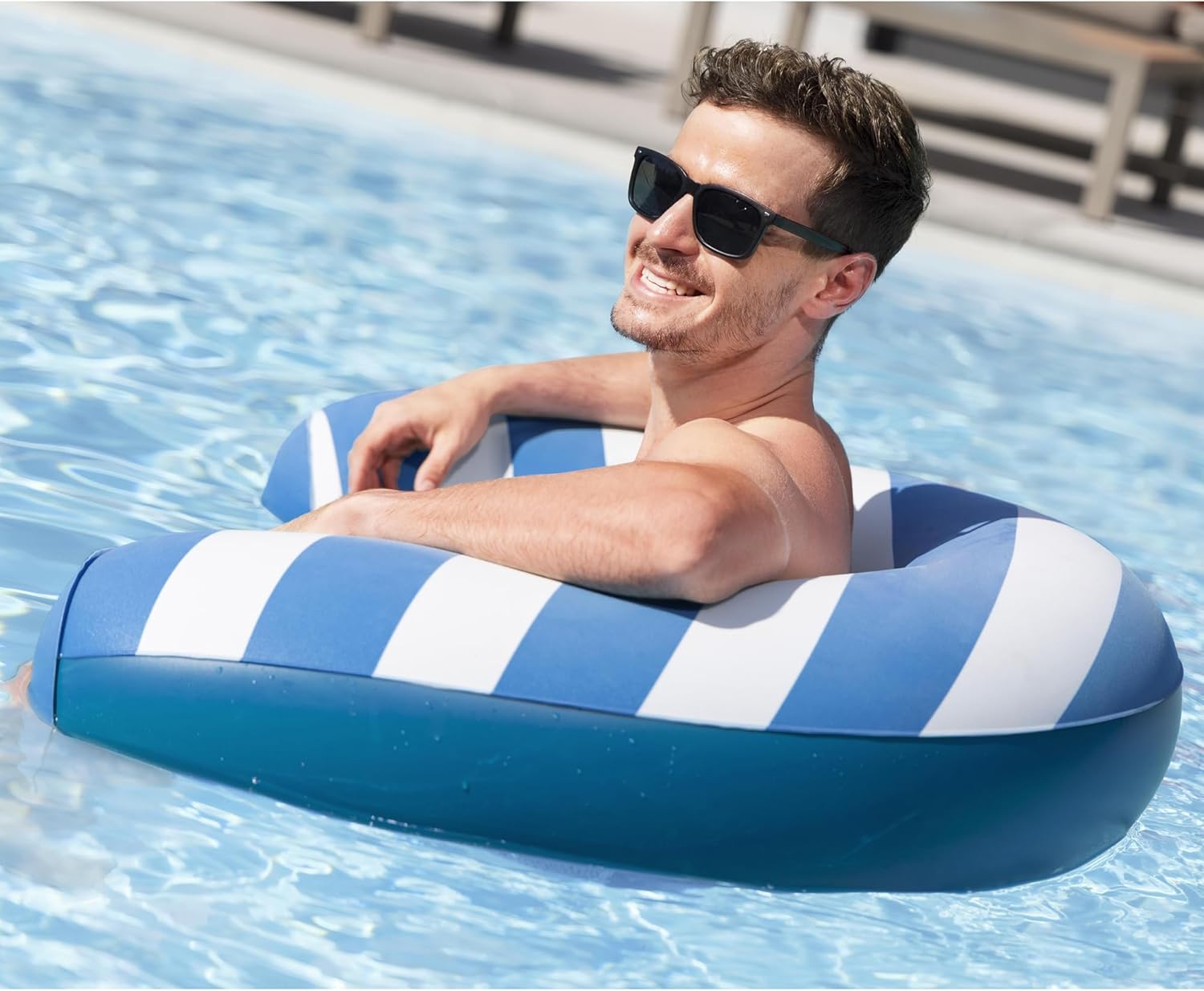 H2OGO! Comfort Plush Noodle Chair - Blue & White Stripe, 47" x 26.5", Deluxe Inflatable Pool Float, Mesh Seat, Velvet-Like Surface, Sit & Lounge Ring