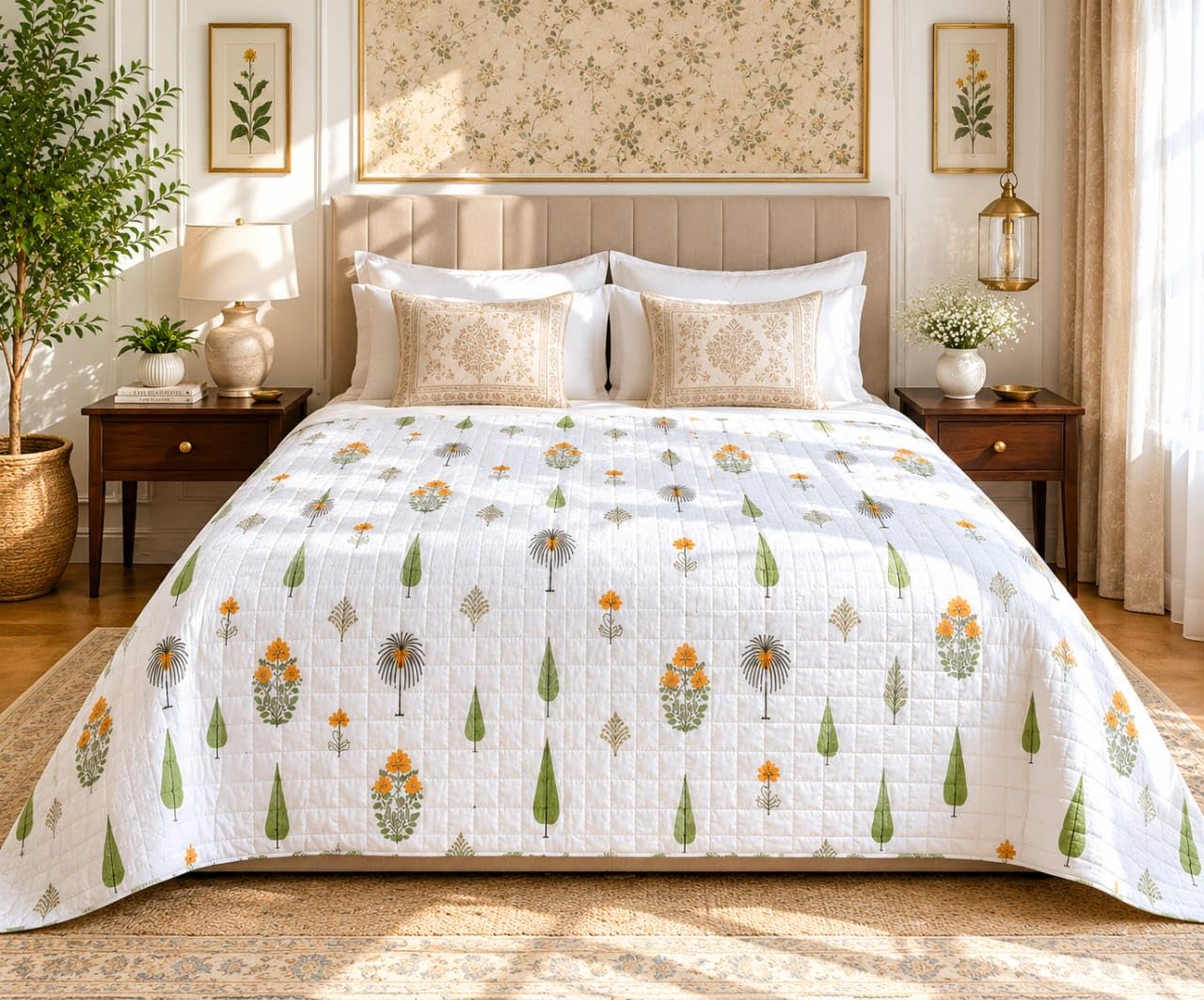 Jaipur Handmade Mulmul Rajai King Size Quilt, 100% Organic Cotton Filled, Teal and White Floral Pattern, 220x260 cm, Breathable Lightweight Double Bed Jaipuri Rajai (Green Floral)-image-29