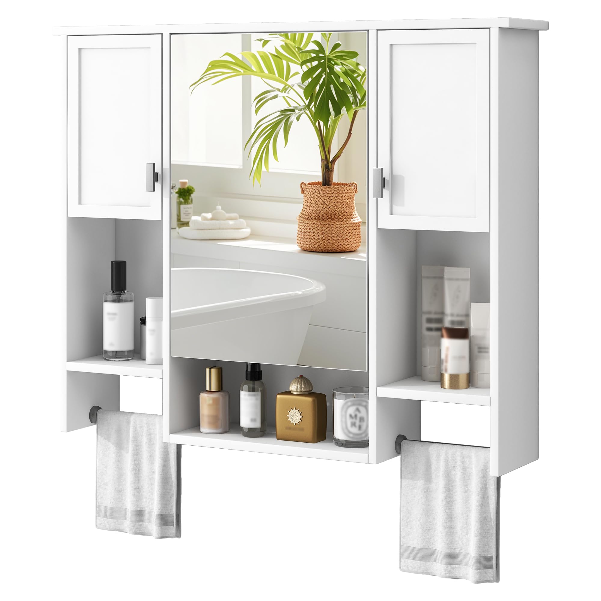 Merax Wall Mount Bathroom Cabinet with Mirror, Open Shelf, and Towel Bar, 35