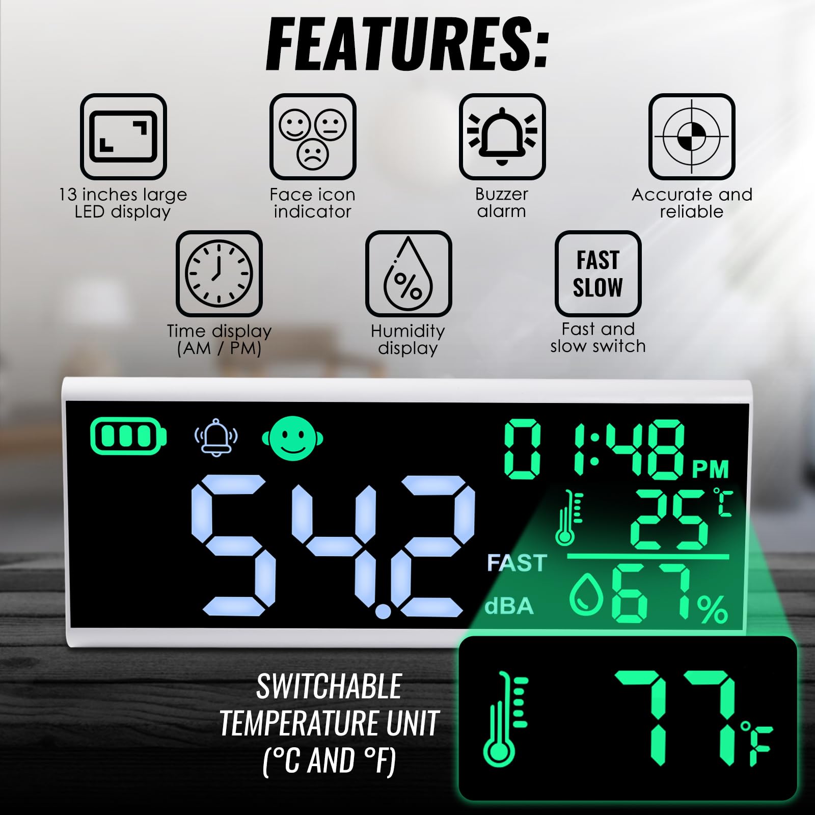 Decibel Meter 13 inches 30~130dB Sound Level Meter, Large LCD Display Wall Hanging Sound Gauge, Noise Level Detector, Decibel Monitoring Device, Time, Temperature, Humidity for Studio Classroom Home — Amazon image 6