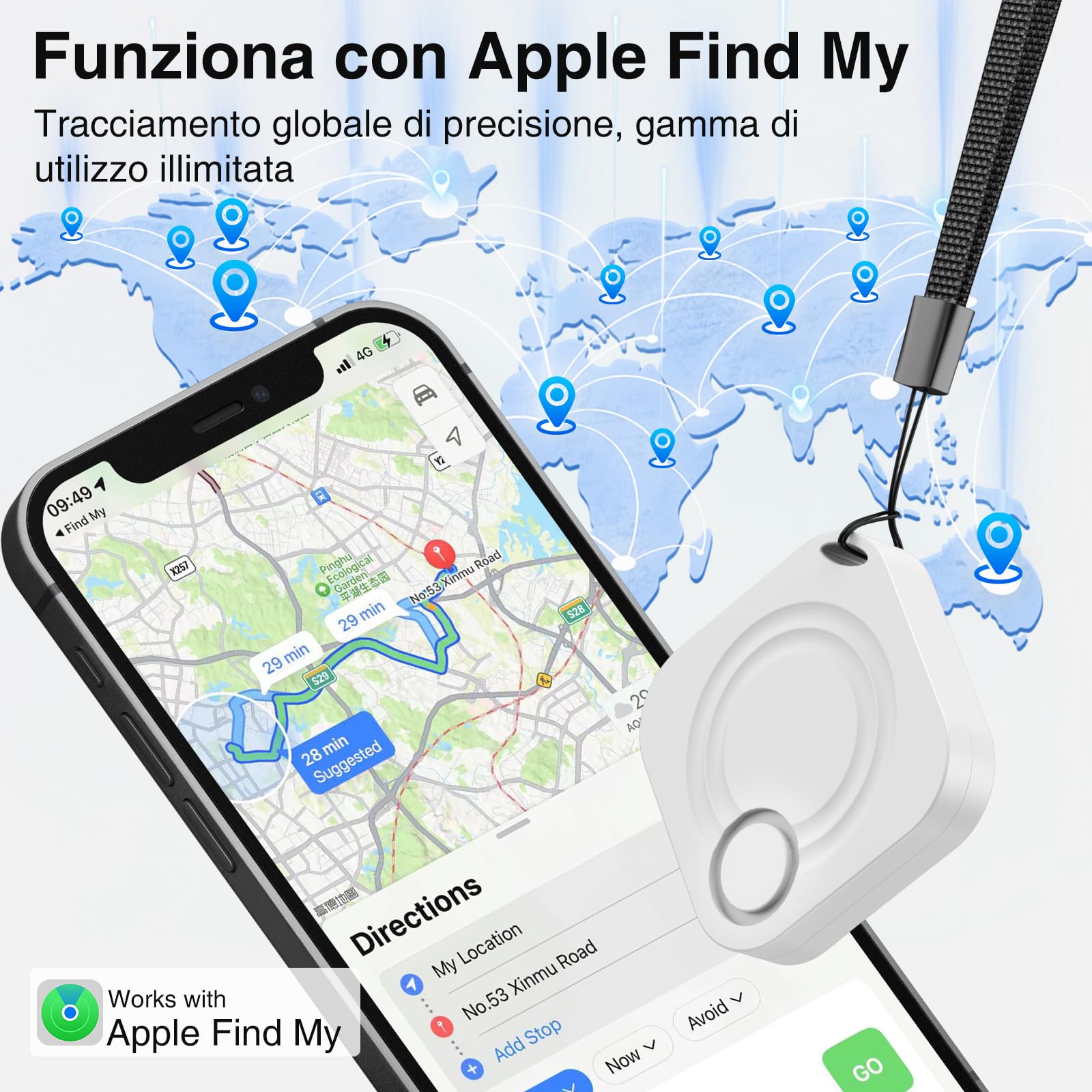 Localizzatore Chiavi - Smart Tag Compatibile con Apple Find My (Solo iOS 14.5+), Localizzatori Bluetooth Trova Impermeabile IP67, Portachiavi GPS per Valigia, Borsa, Cani, Batteria Sostituibile