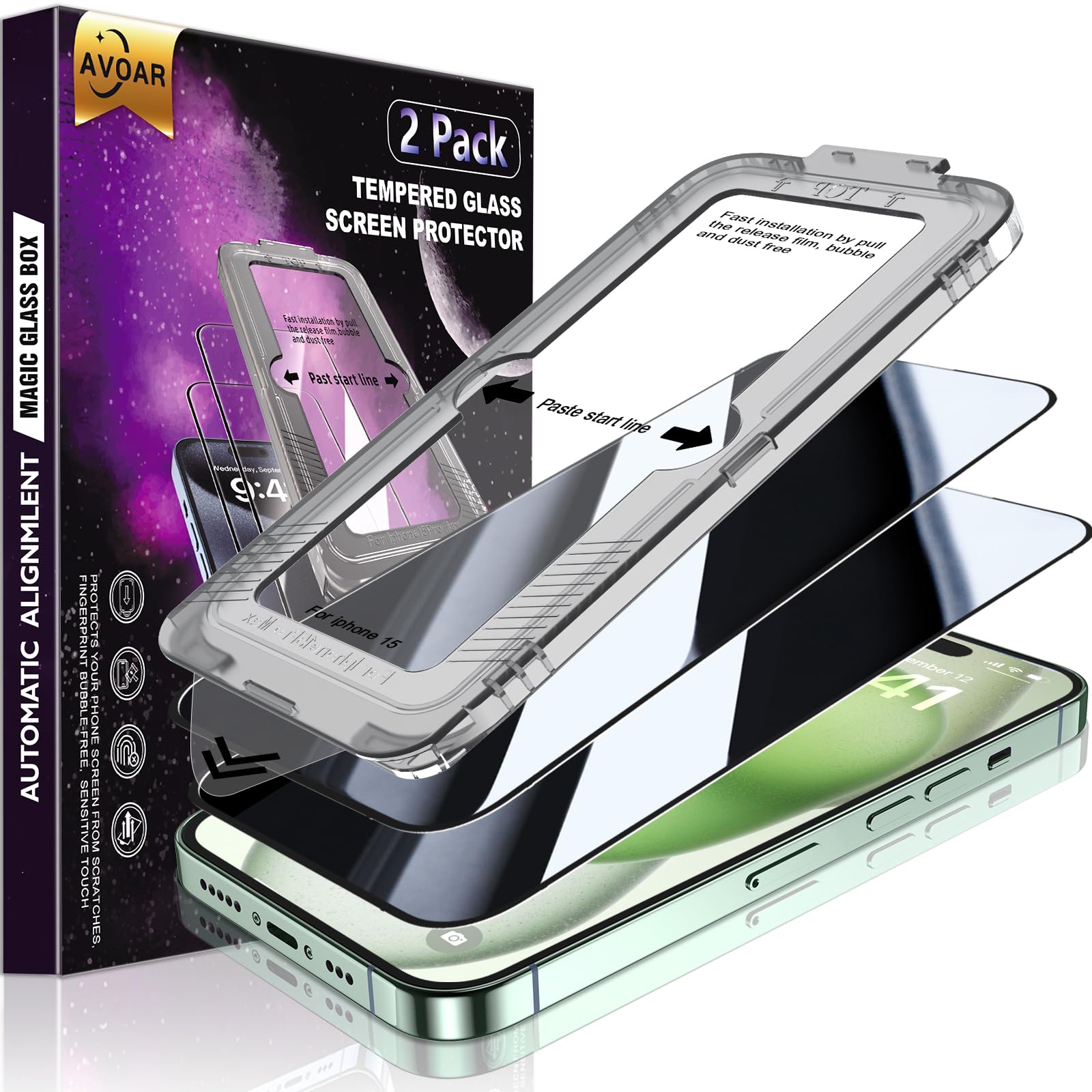 AVOAR 2 Pack for iPhone 15 Privacy Screen Protector, [Auto Alignment Kit] Tempered Glass, [10X Military Grade Protection][9H Shatterproof] Compatible 15 6.1" Case Friendly, Zero Bubbles