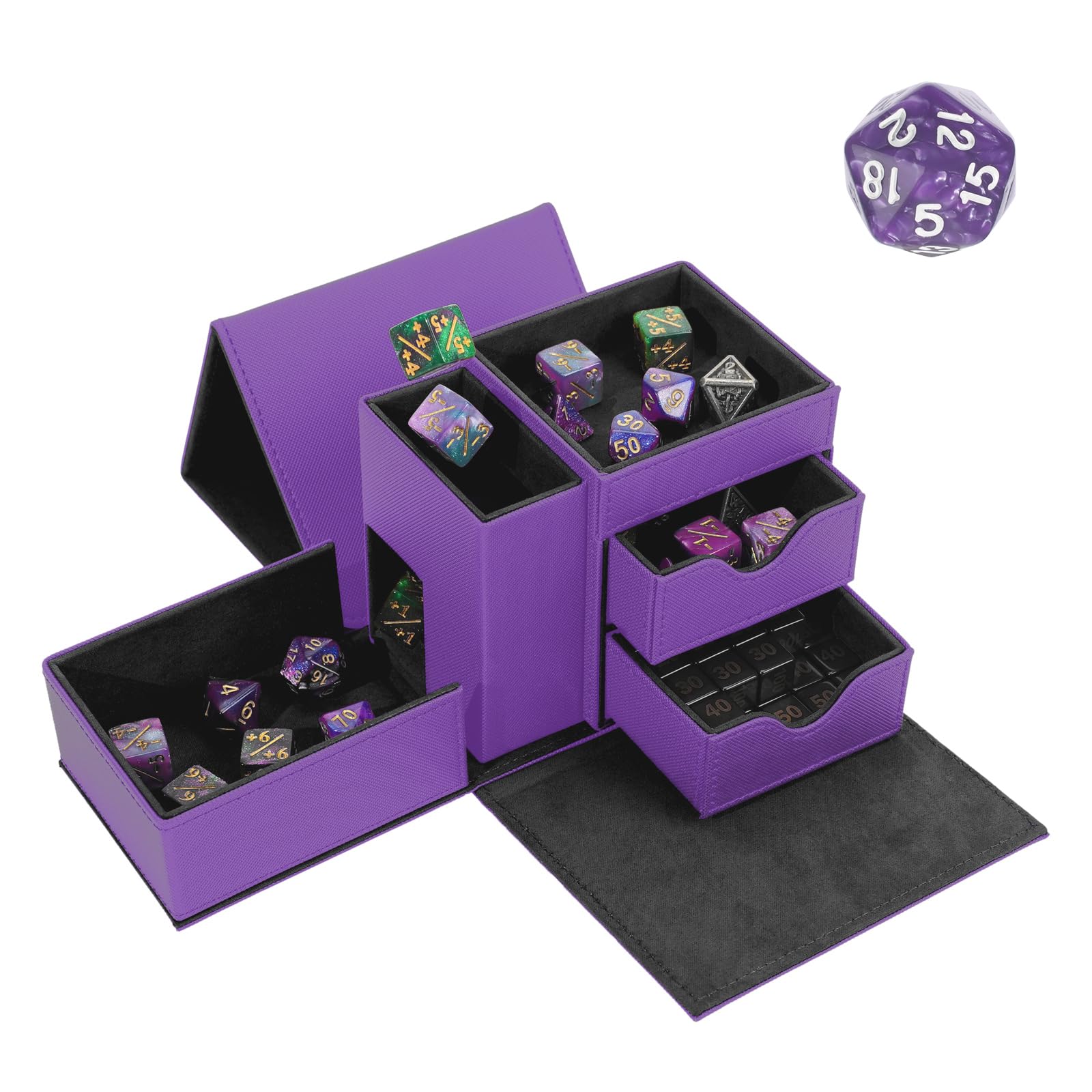 Dice Tray & Dice Tower Storage Box, 3 in 1 Dice Holder Case (Dice Rolling Tray, Dice Rolling Tower, Dice Storage Drawers), Leather Magnetic Closure DND Accessories Gifts for RPG MTG, Violet/Black