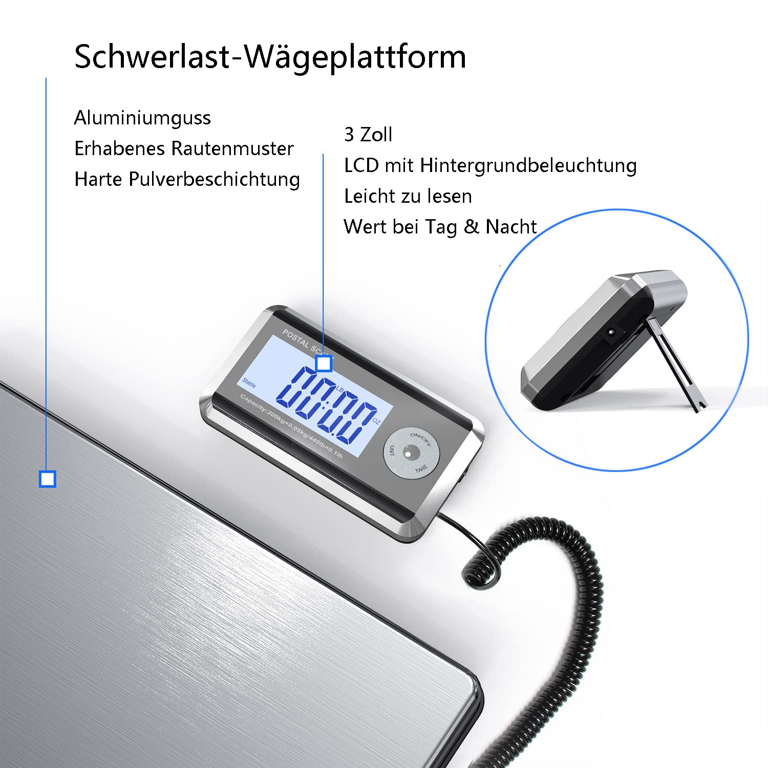 Nilpferd Paketwaage bis 200kg/50g Plattformwaage Briefwaage mit Große Plattform L*B-38,8 * 30,8 cm aus Edelstahl,Externes Beleuchtetes LCD Display 4*AA-Batterien oder AC-Adapter (Silber1)