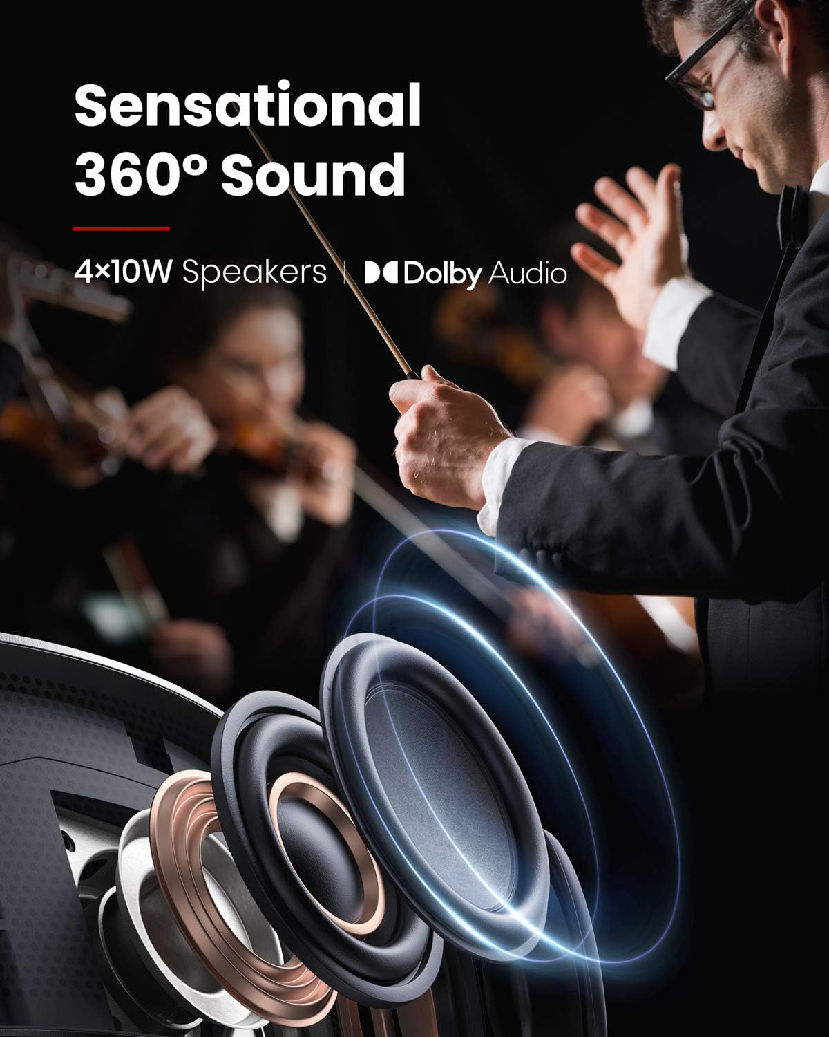Diagram showing 4x10W speakers and Dolby Audio branding