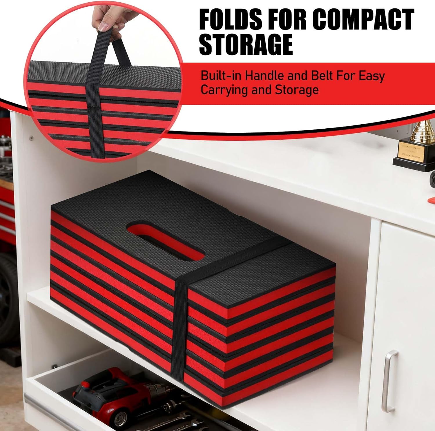 SHENLIU Foldable EVA Utility Mat with Handle, Heavy Duty Mechanic Mat for Kneeling, Workouts, Garages, Gardening, Camping, Picnics, Outdoor Adventures and Home Gyms, Red (46" x 15.8" x 1.1")