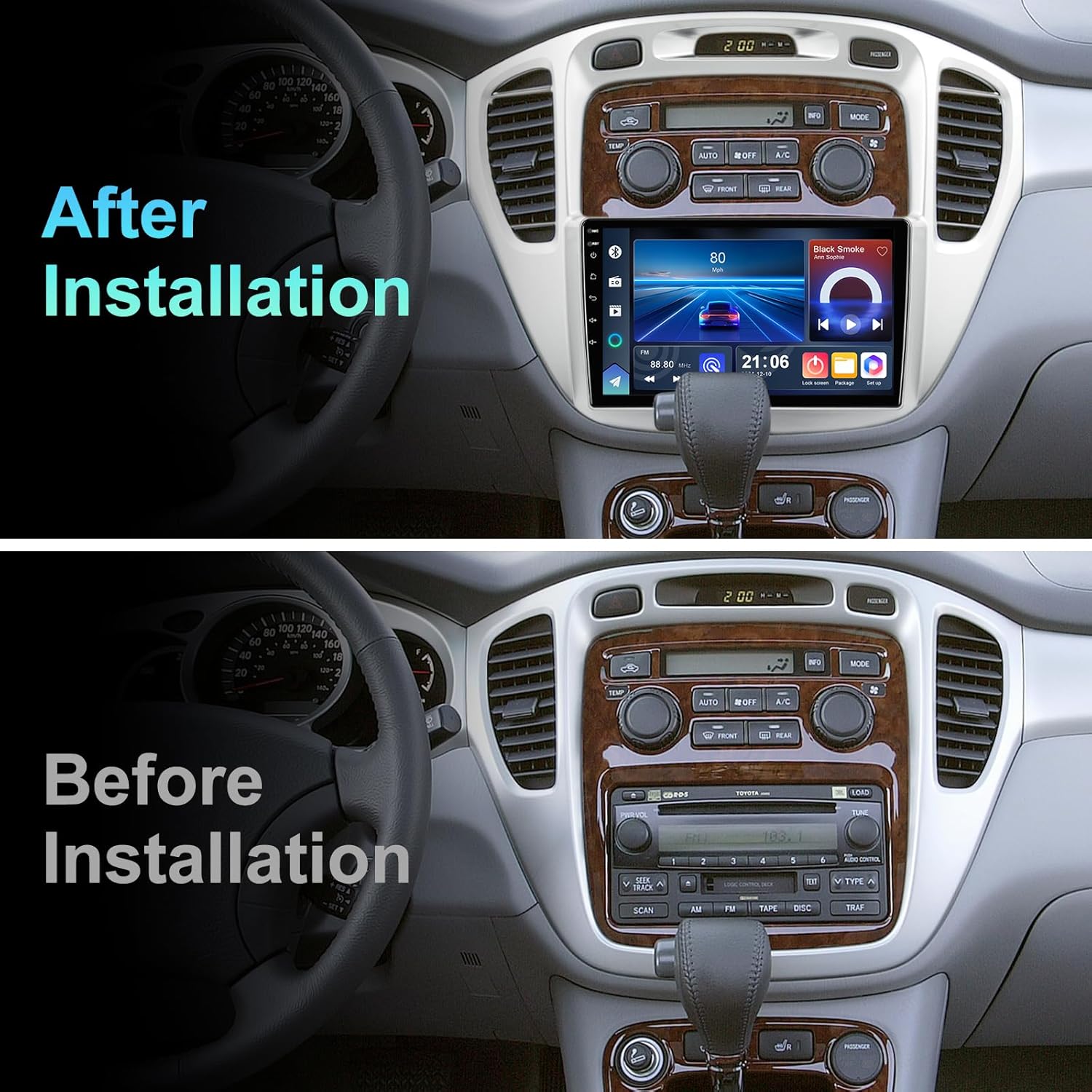 4 Core 64G Android 14 Double Din Car Stereo for Toyota Highlander 2000-2007 with 9 Inch Touchscreen Radio Built-in Wireless Carplay/Android Auto/GPS/Bluetooth/AUX/Steering Wheel Controls/Backup Camera