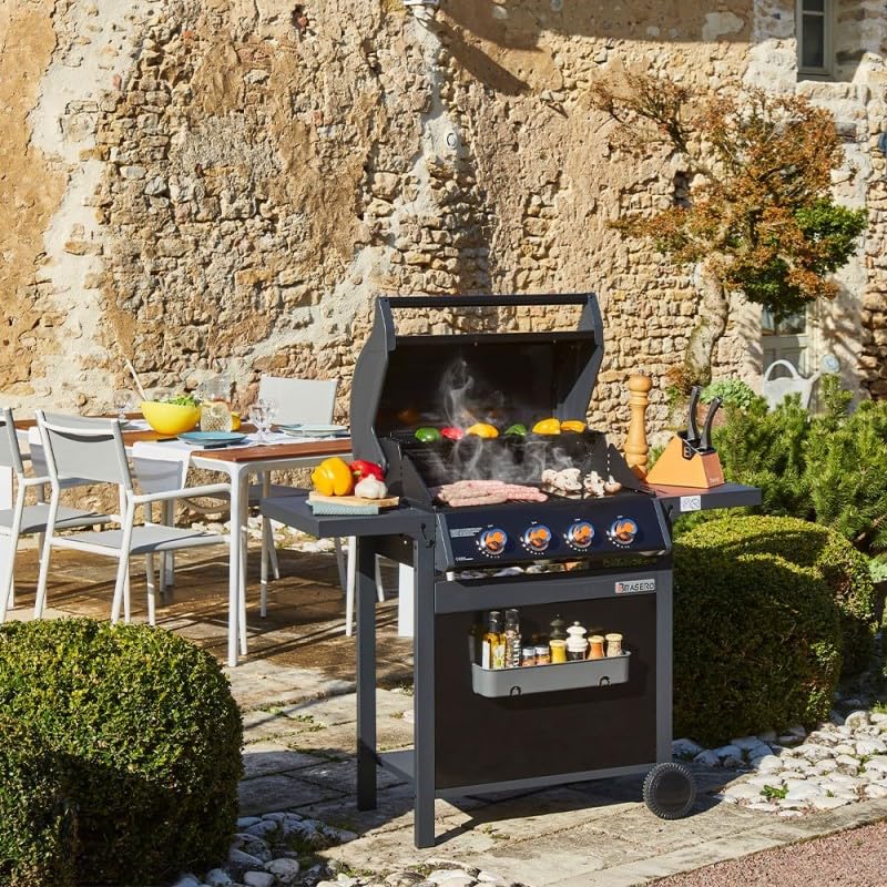 BRASERO BY FAVEX – Barbecue gaz Spring II 4 brûleurs – Surface mixte grille & plancha fonte – 12,6 kW – EASY CLEAN – Tablettes rabattables - Jusqu'à 12 convives - Noir