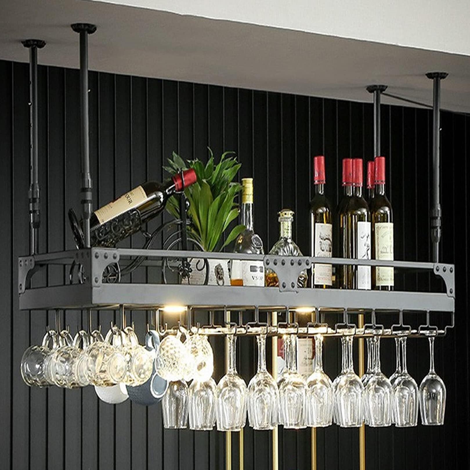 Porte-Bouteilles de vin Suspendu Noir avec Luminaire et Support Verre pour Bar