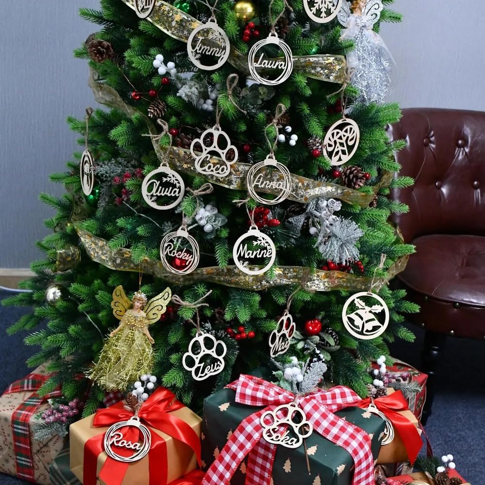 Personalisierte Weihnachtsschmuck, Weihnachtsbaum-Holzdekorkugeln, Geschenkpapieranhänger, personalisierte Lasergravur, verschiedene Namen, Tischkarte, Weihnachtsdekoration (20 Stück, B)