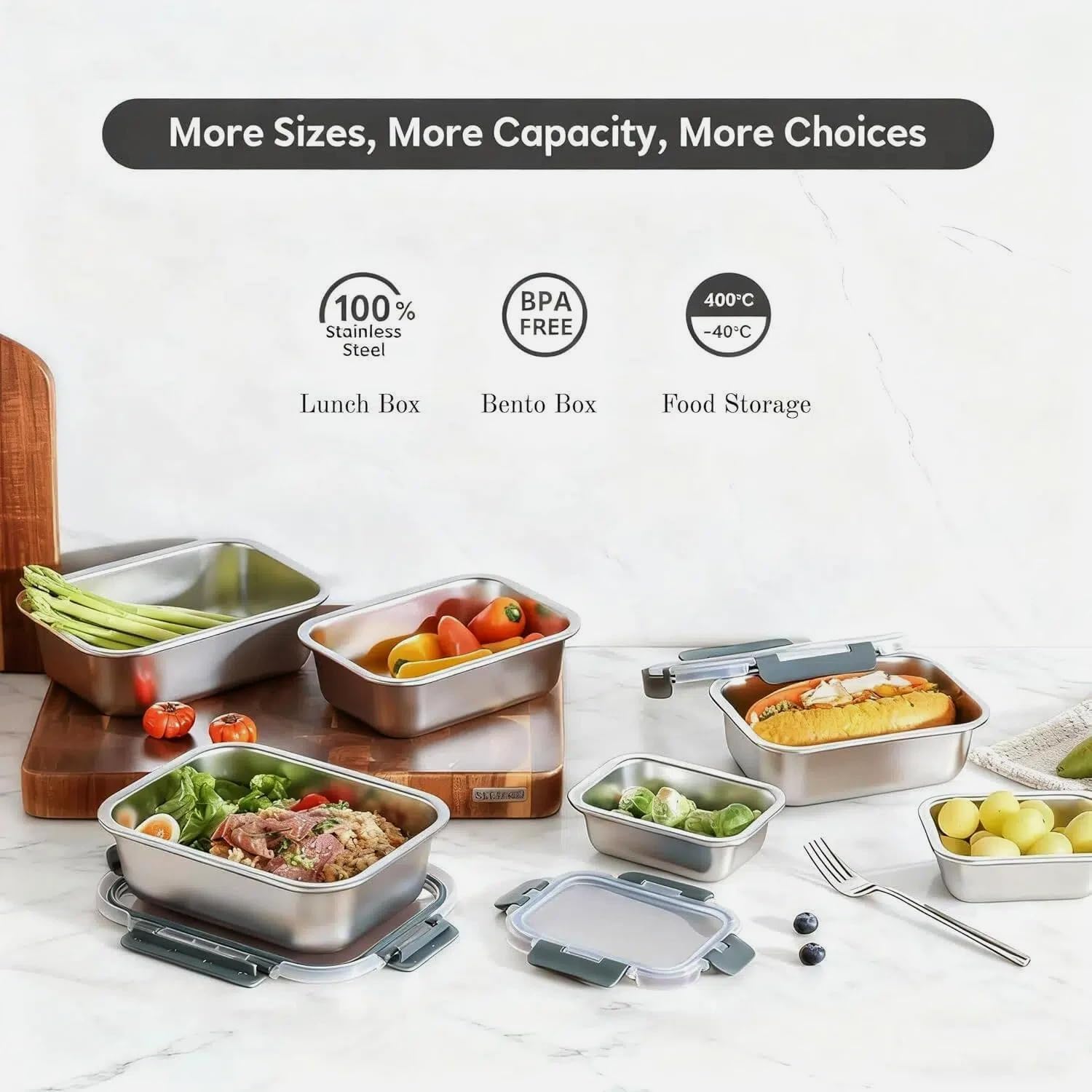 8 PCS-4-Size Stainless Steel Lunch Box- Leakproof & Dishwasher Safe, Stackable Stainless Steel Food Containers, Metal Bento Box for Work,Travel (58/41 /24 /14Oz) - Image 2