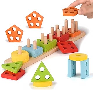 Baby Montessori Toys for 1 2 3 Years Old, Wooden Baby Toys Shape Sorter Color Stacker Toy Preschool Kid Puzzles Gifts Boys and Girls, Stacking Toys for Toddlers 1-3, Preschool Toddler Puzzles Toy