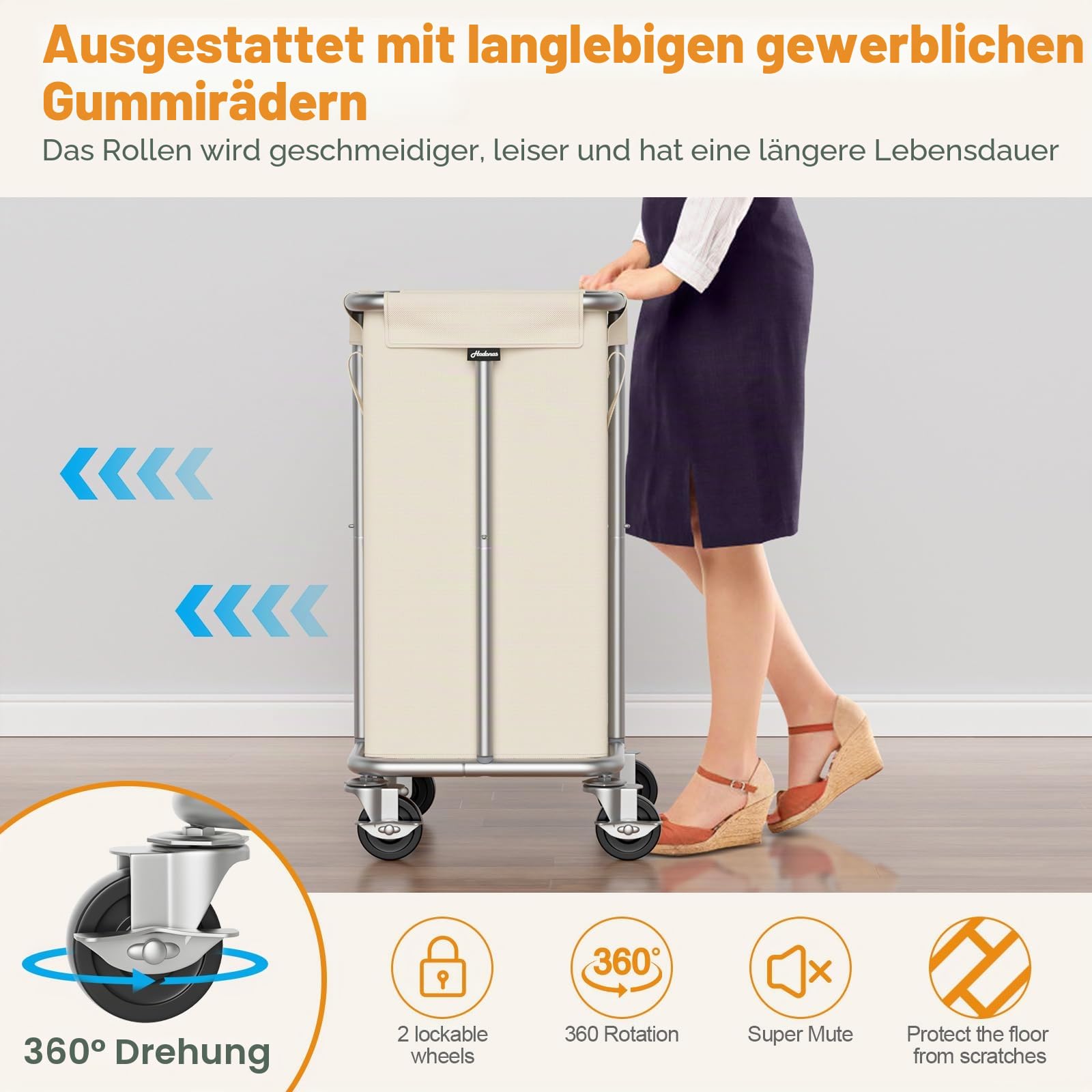 Hodonas Wäschekorb mit Rollen, 115 l, rollender Wäschekorb, großer Wäschekorb mit Stahlrahmen und abnehmbarer Tasche, Schlafzimmer, Badezimmer, Schlafsaal, Waschküche, Organisationskörbe, Beige