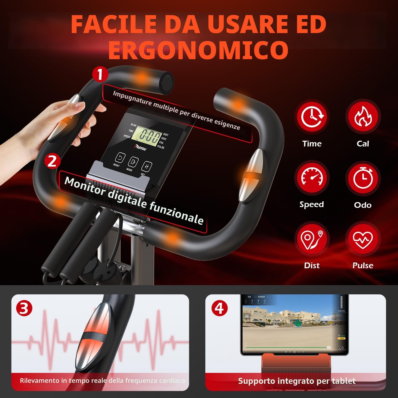 PASYOU Cyclette Pieghevole 3 in 1, Bicicletta magneticaper la Casa, Spinning Bike con monitor LCD e sensore di frequenza cardiaca, Cyclette a 10 livelli di resistenza magnetica,Salvaspazio
