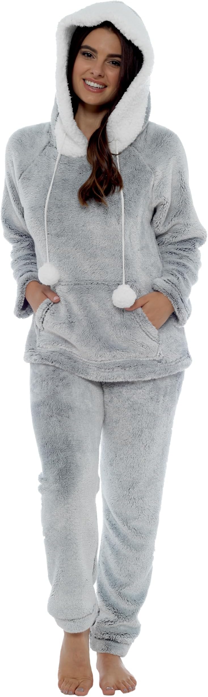Women's Shimmer Fleece Pyjamas, Fluffy Soft Hooded Twosie Pyjama Set, Size 8-22, LN769