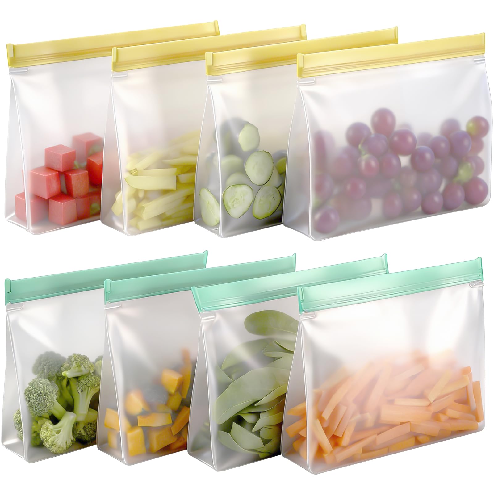 Wiederverwendbare Silikonbeutel mit Reißverschluss und Halter für Lebensmittel, Gefrierbeutel, Sandwichbeutel, PEVA-Aufbewahrungsbeutel für Gemüse, Milch, Snacks, Fleisch, 8 Stück