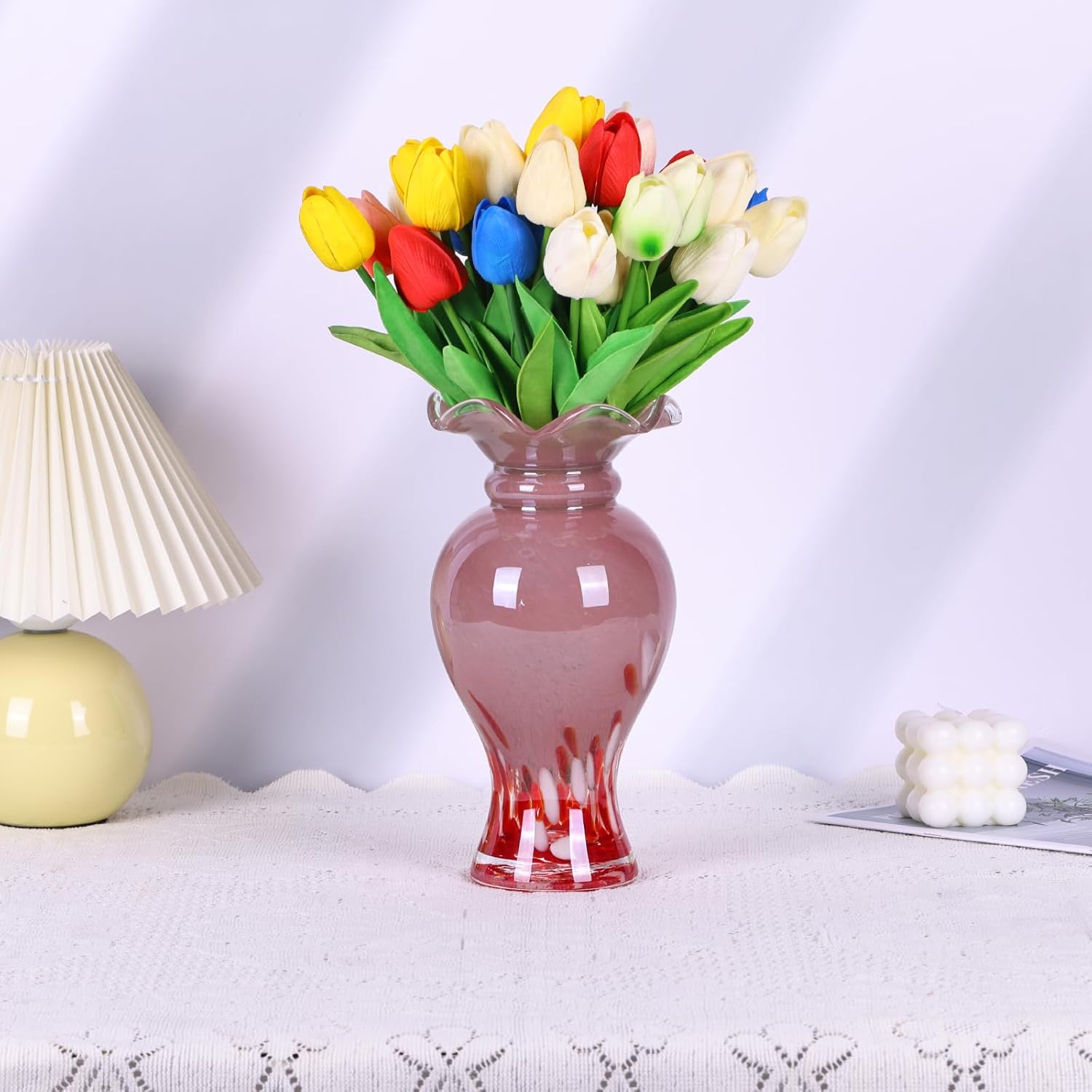 Hand Blown Glass vase, Glass Wide Mouth Decorative vase, Pink vase, Office Table Centerpiece Coffee Table Mantle Wedding enterpiece Decorative vase. - Image 8