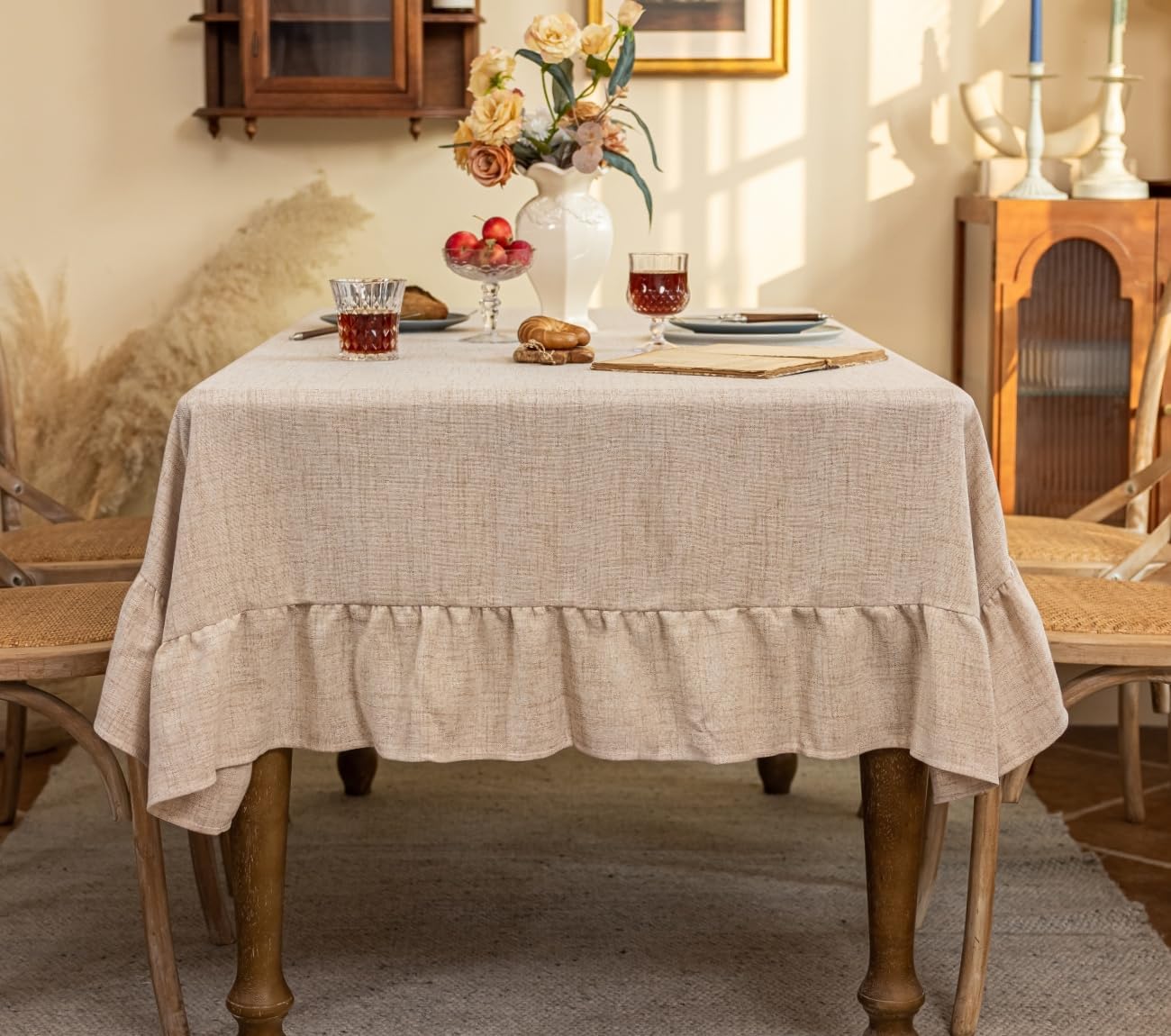 F-CHU Boho Ruffle Tablecloth Cotton Linen Vintage Tablecloths Flounces Trim Washable Table Cover Tablecloths for Rectangle Table Kitchen Party Wedding Decor,Light Coffee 70''x120''