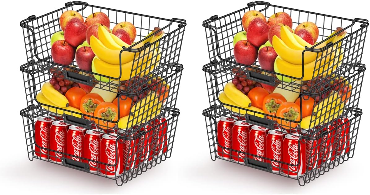 ENAVANT Large Stackable Metal Wire Storage Baskets, Storage Bin with Handles, Set of 6