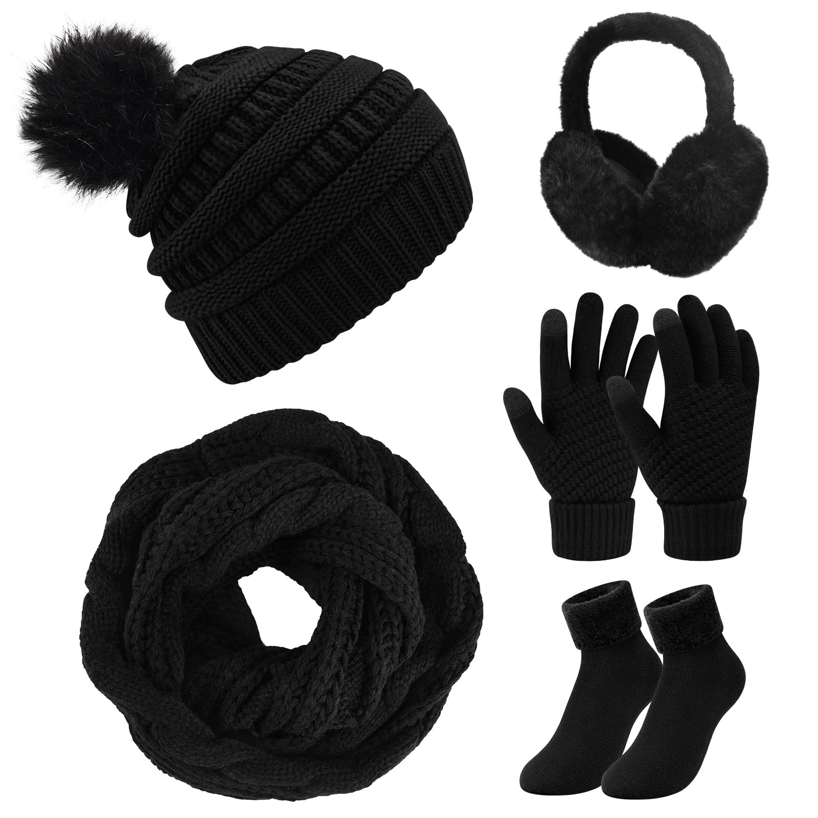 Packs Bonnet Écharpe Gants 5 en 1 Bonnet Hiver Pompon Echarpe Tricotés Gants Tactiles Cache-Oreilles Extensible Chaussettes Chaud avec Doublure Polaire pour Femme