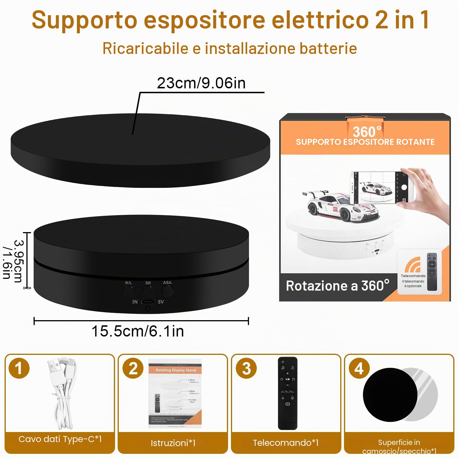 Piattaforma Girevole Elettrica 360°,Piattaforma Rotante Automatica USB per Gioielli,Orologi,Prodotti Digitali,Velocità Regolabile Espositore Girevole Elettrico con 2 Pannelli di Sfondo (Nero)