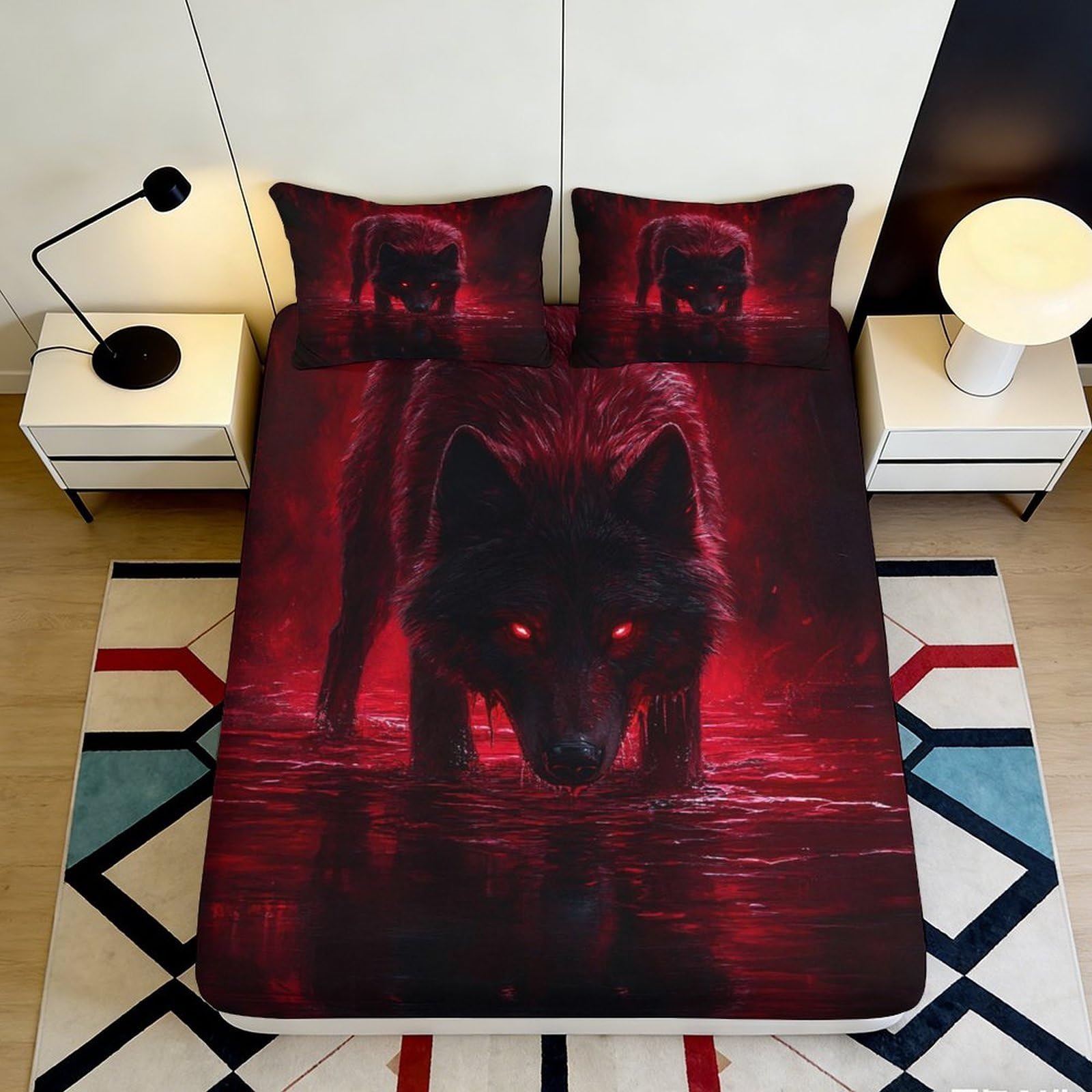 3D Printed Dark Wolf Fitted Sheet Microfiber Soft Red Eyes Night Forest Bed Cover for Bedroom Dorm Mattress Decor 90x200x25cm