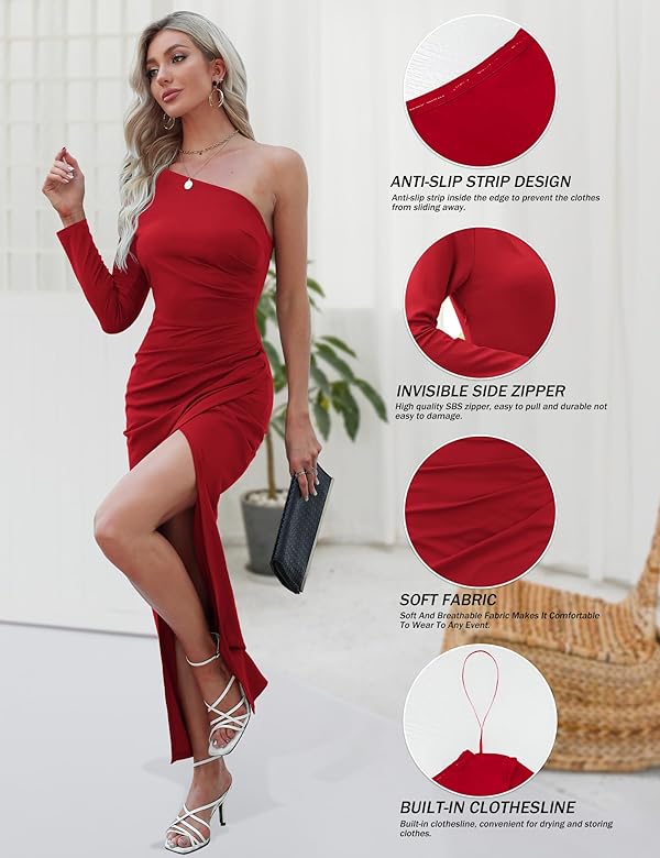 Sarin Mathews Womens One Shoulder Long Sleeve Cocktail Dresses Sexy Bodycon Ruched Wrap Split Party Formal Long Dress Red L by Sarin Mathews - Image 4