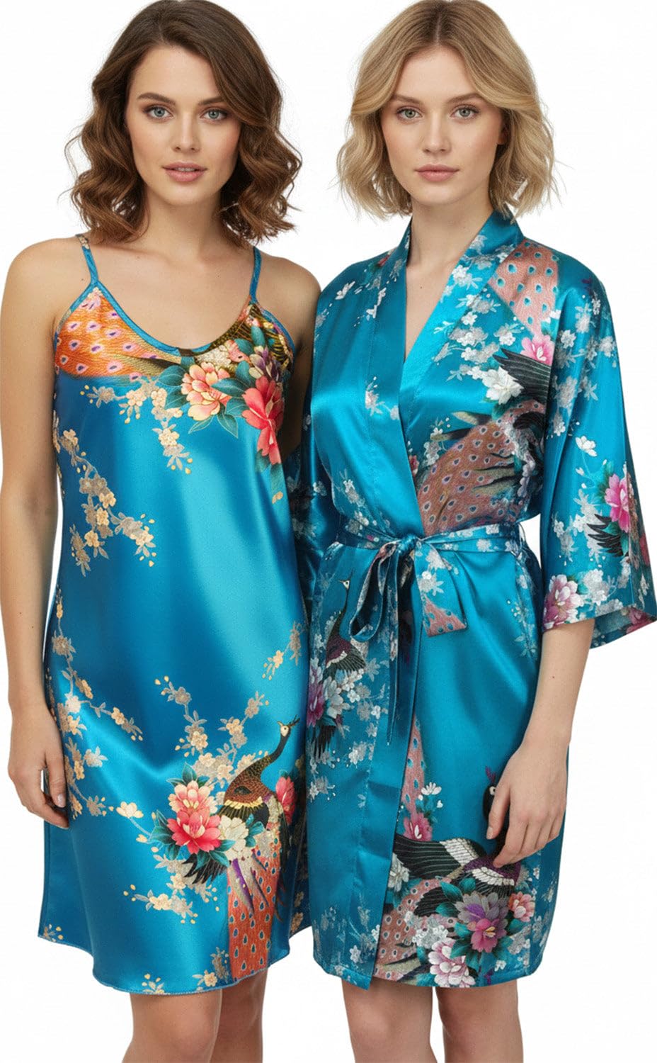 Trifolium Kimono Robe And Chemise Silky Peacock Satin Nightgown Bathrobe Wedding Negligee Nightdress — view 36