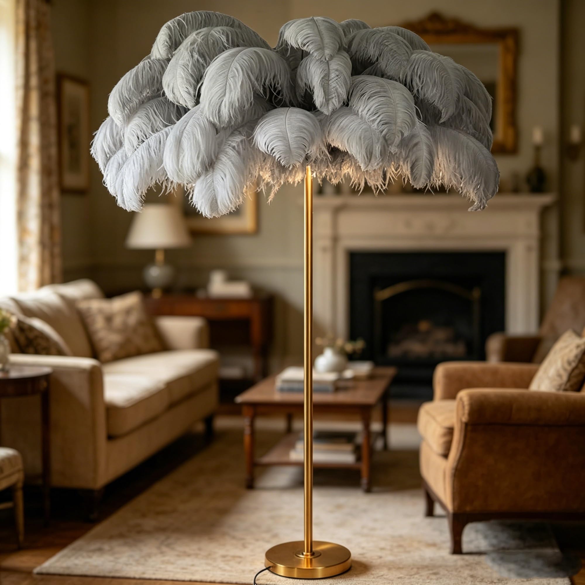 kumamart Indoor Accent Ostrich Feather Floor Lamp, Fluffy Shade Decor Lighting for Home Bedroom Living Room with Black White Optional Covers(Grey)