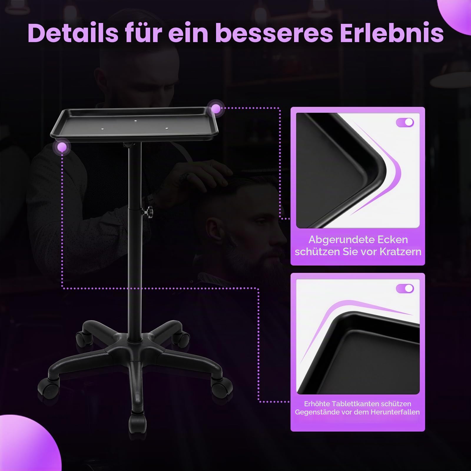 Professional Salon Tattoo Instrument Tablett, Rollwagen, mobiler Ständer, höhenverstellbar, Schwarz