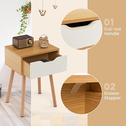 Miniatura 5 de GOFLAME Juego de 2 mesitas de noche con cajón, mesita de noche moderna de mediados de siglo con almacenamiento, mesa auxiliar compacta con patas de