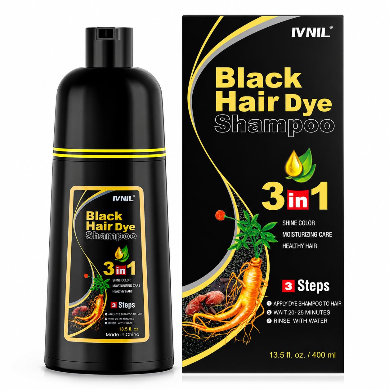 Ivnil Black Hair Dye Shampoo Color Shampoo for Gray Coverage for Women Men | Easy to use…