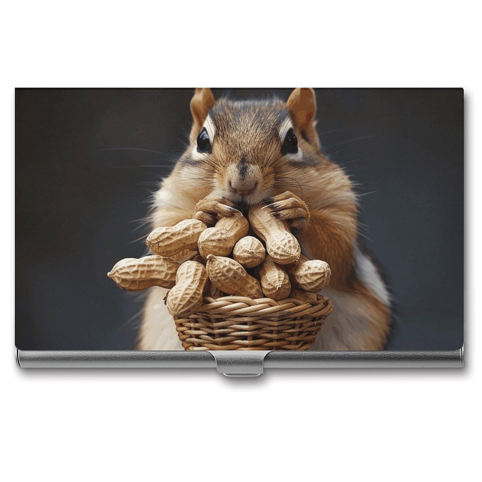DWVTSLH Squirrel And Peanut Business Card Holder, Slim Portable Metal Business Card Case Pocket Wallet Professional Name Cards Holder for 22-30 Cards, Credit Card ID Case/Holder for Men Women