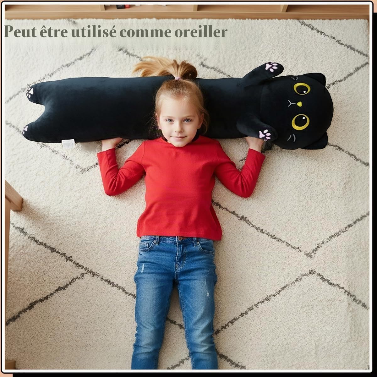 Peluche Chat Noir Long Coussin Corporel, Peluche Animale Douce et Moelleuse, Grand Chat en Peluche Cadeau d'anniversaire pour Garçons et Filles (Black, 110cm/43.31in)