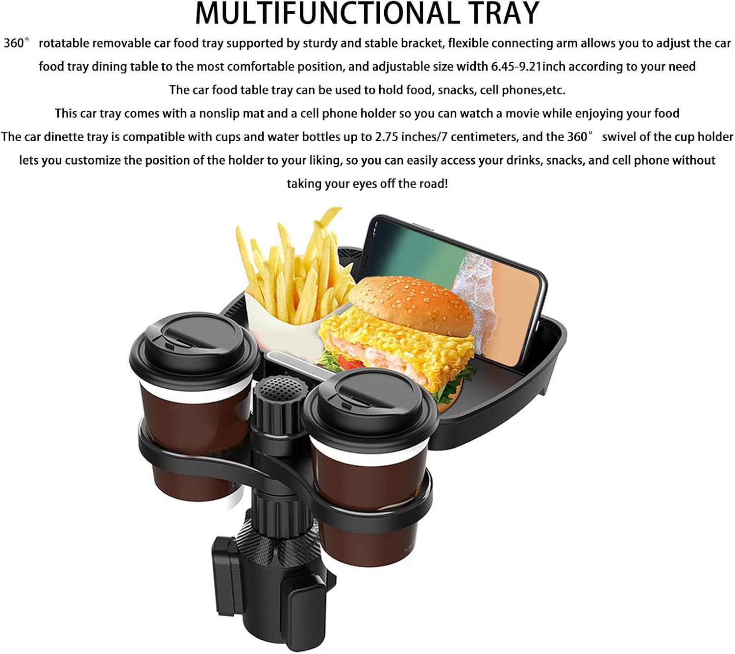 Car Cup Holder ° Rotation Dual Cup Holder Tray with Adjustable Base Width Compatible with Bottles up to 2.75 in/7 Cm Car Food Tray for Car Seats Strollers and Outdoor Chair