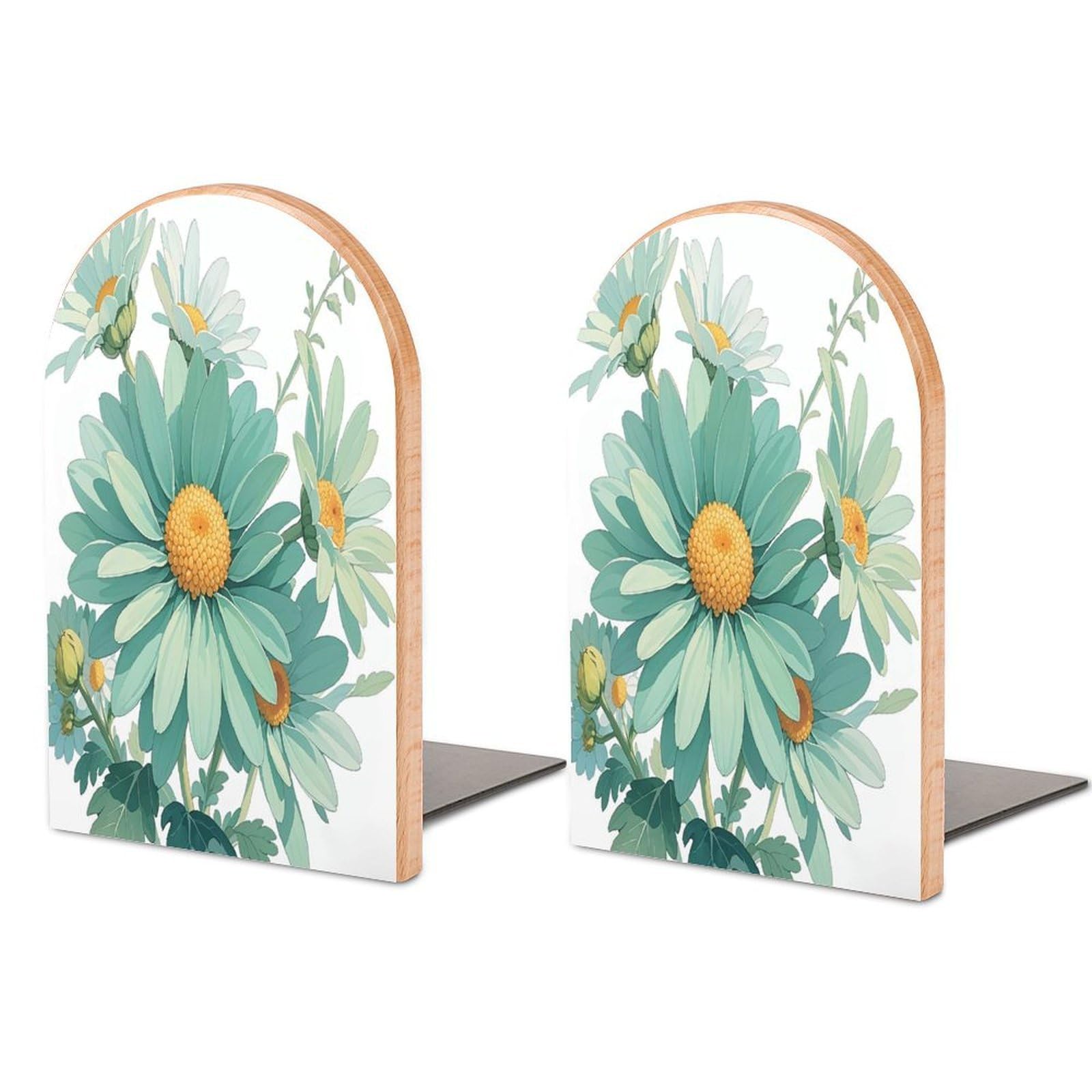 Mint Green Watercolor Daisy Bookend Non-Skid Wooden Bookends for Shelves Heavy Duty Wood Book Ends Decorative Book Stopper Book Stand Non-Slip Book Organizer for Home Office Library
