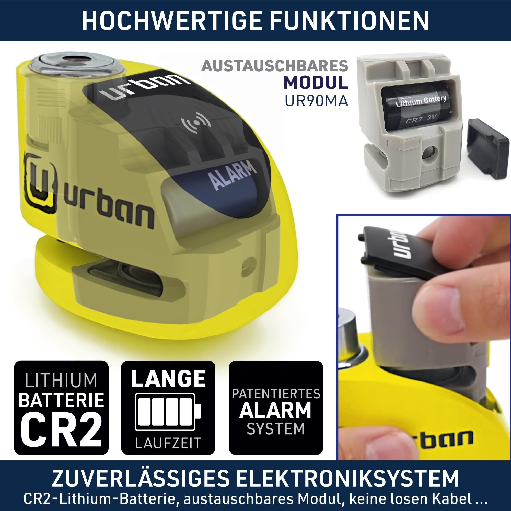URBAN UR906Y Bremsscheibenschloss Motorrad mit 120dB Alarm X2 ON, Wasserdicht Austauschbares Modul, CR2 Batterie, Erinnerungskabel, 6mm Universelles Motorrad Schloos für Roller E-Bikes E-Scooter