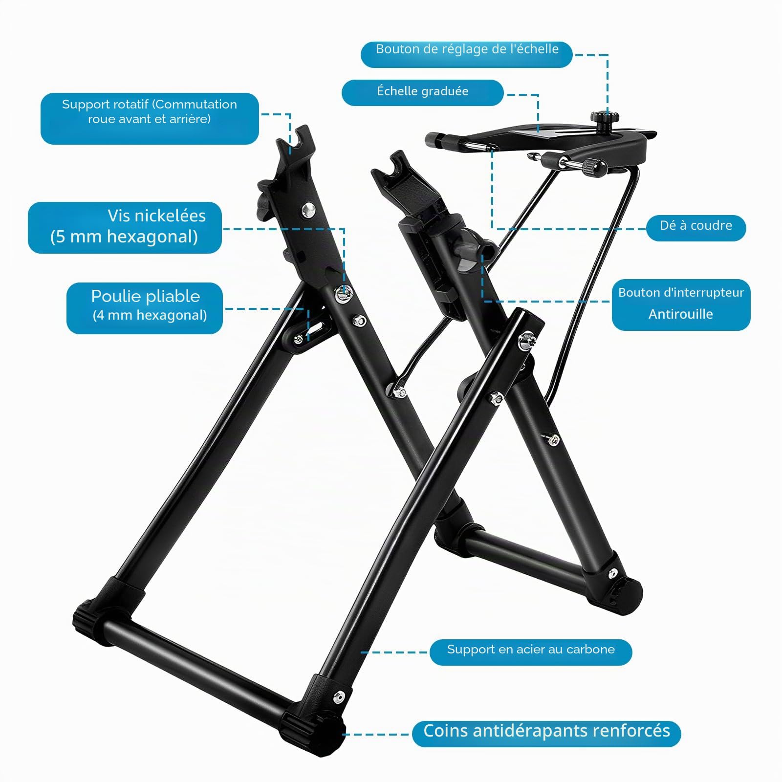 LIROPAU Support de centrage pour roues de vélo - Support de centrage pliable - Convient pour VTT, vélos, vélos de route - En métal - Noir