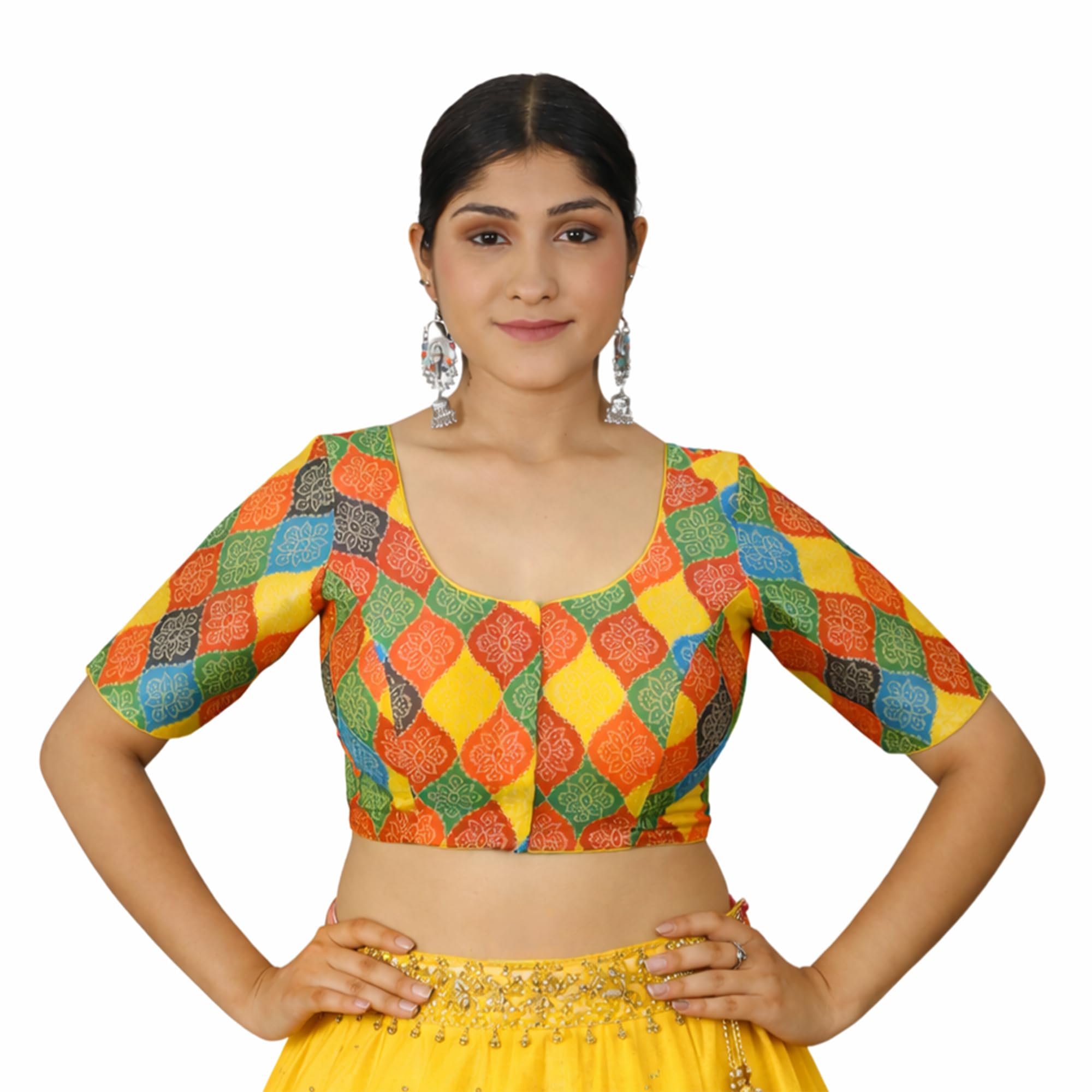 Women Multicolor Printed Art Silk Saree Blouse | Round Neck | Non-Padded | Short Sleeve | Readymade Blouse with Back Tie-Up for Saree & Lehenga-image-1