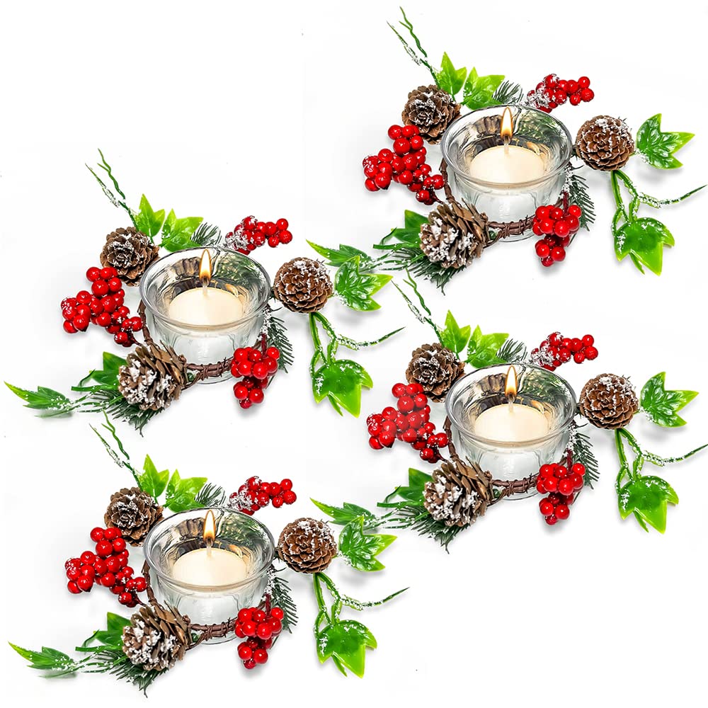 Christmas Candle Holders for Table Decorations, Christmas Table Centerpieces Includes Pinecone Berry Candle Ring and Tealight Holder, Candle Holder for Christmas Home Party Table Mantel Decorations