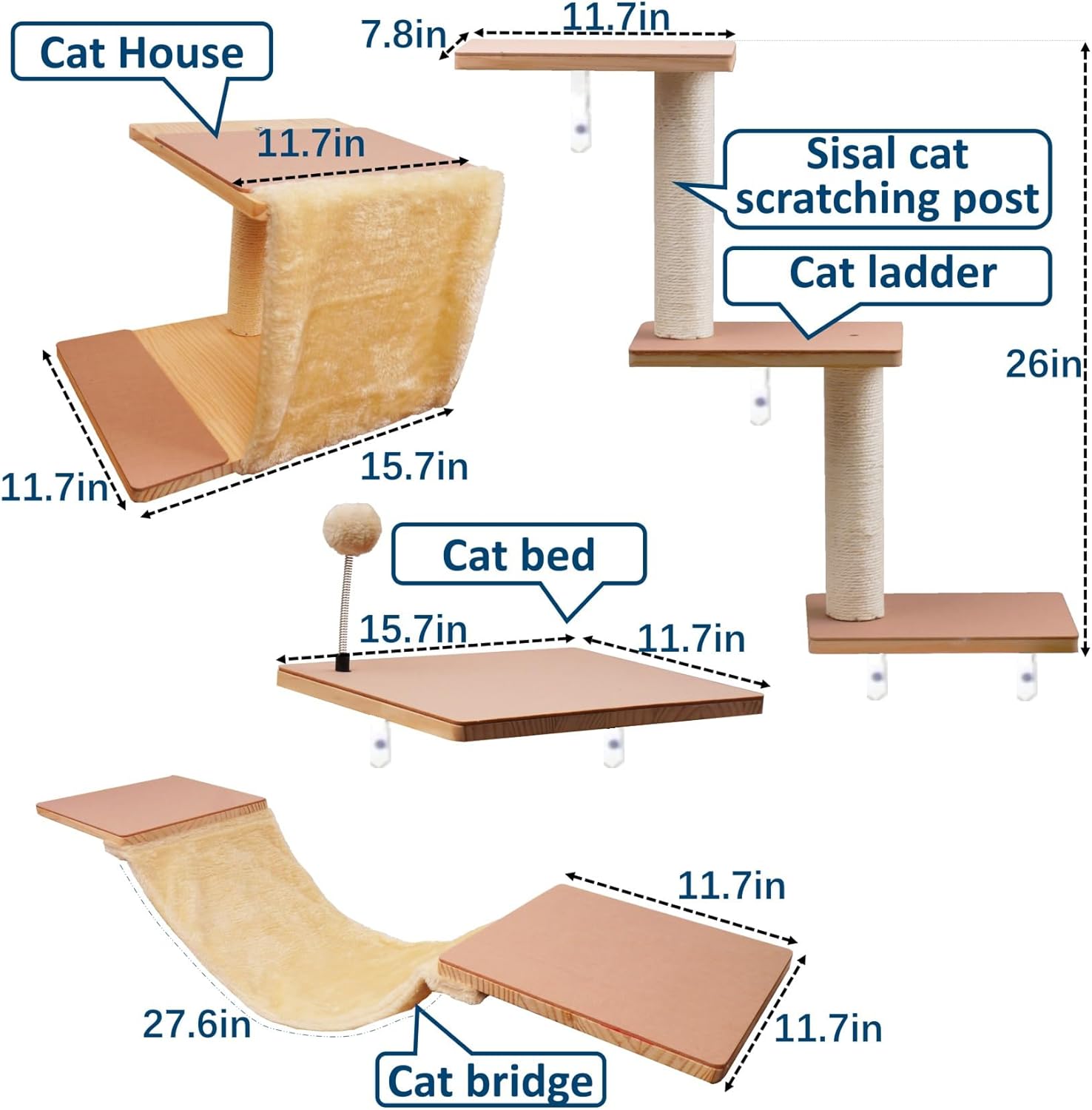 Cat Shelves for Wall, Solid Wood Cat Wall Furniture, with Cat's House, Bed, Hammock, Sisal Scratching Post Ladder (Beige)