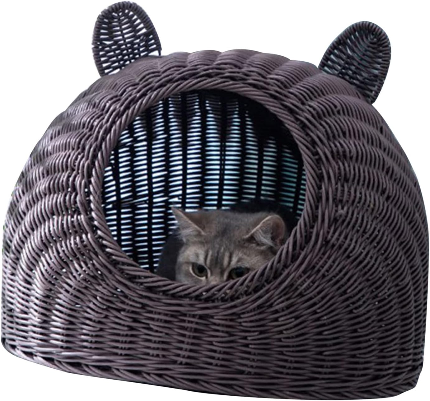 review Handwoven Cat House for Indoor,Cute Cat Ear All Seasons Washable Breathable Semi Closed Cat Bed，Gives Cats a Warm Home，17.7x17.7in