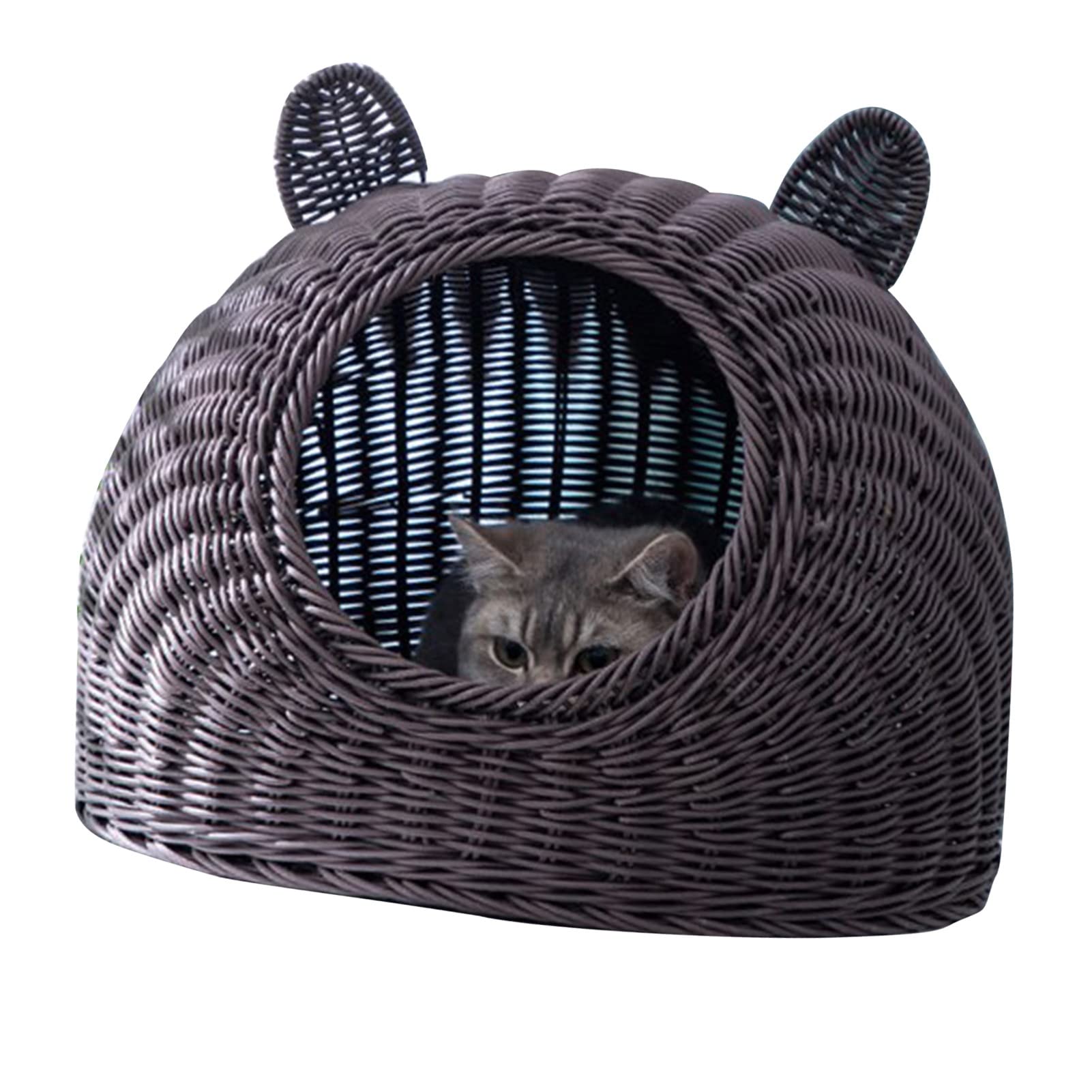 HEEPDD Cuccia Per Gatti Cuccia Per Gatti in Plastica Intrecciata a Mano Per Animali da Interno Semi Chiusa con Simpatico Design a Orecchie di Gatto Ampia Apertura Traspirante Per Tutte le Stagioni