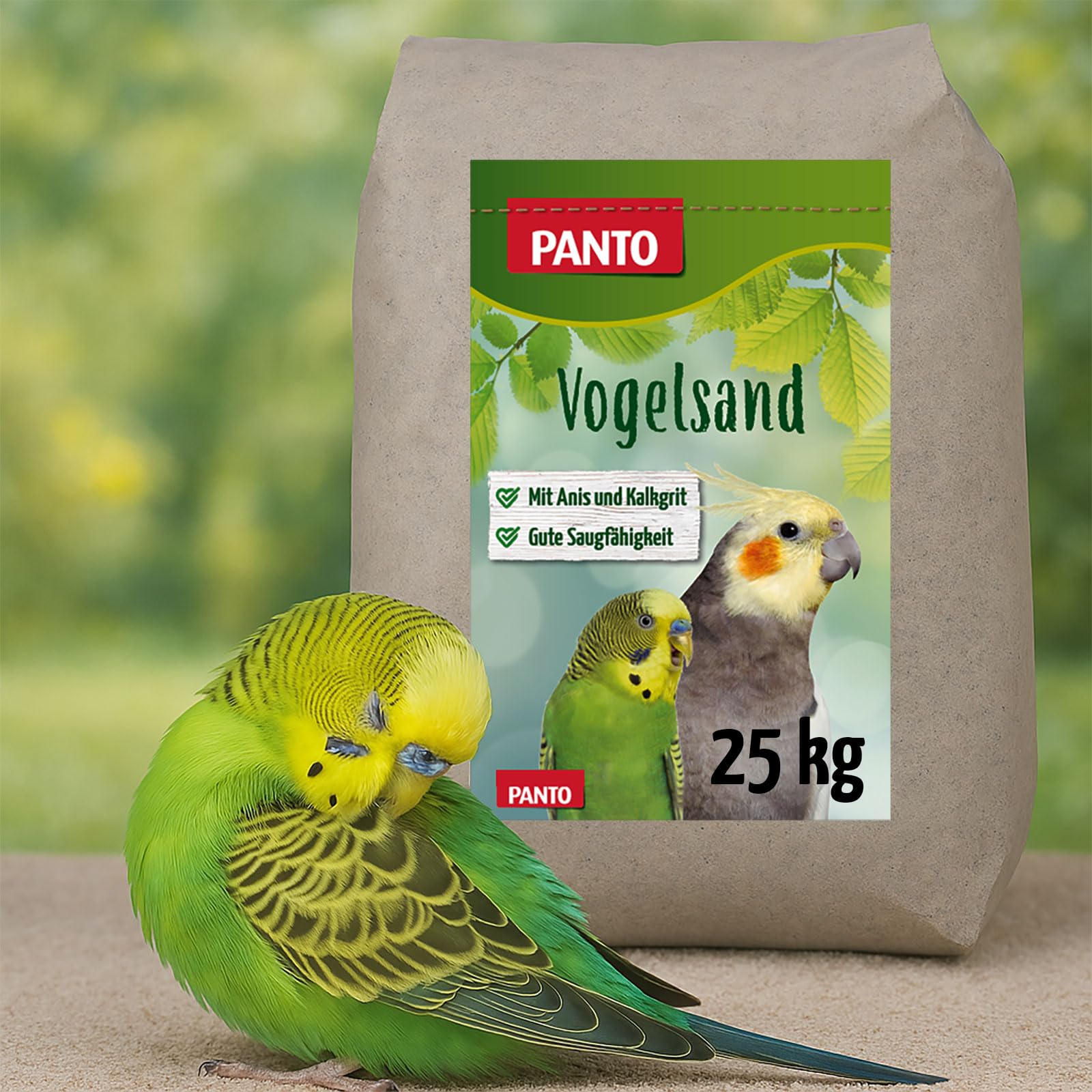 PANTO Vogelsand mit Anis und Muschelkalk, 25 kg – artgerechte Einstreu für Vogelkäfige von Wellensittichen, Papageien, Ziervögel